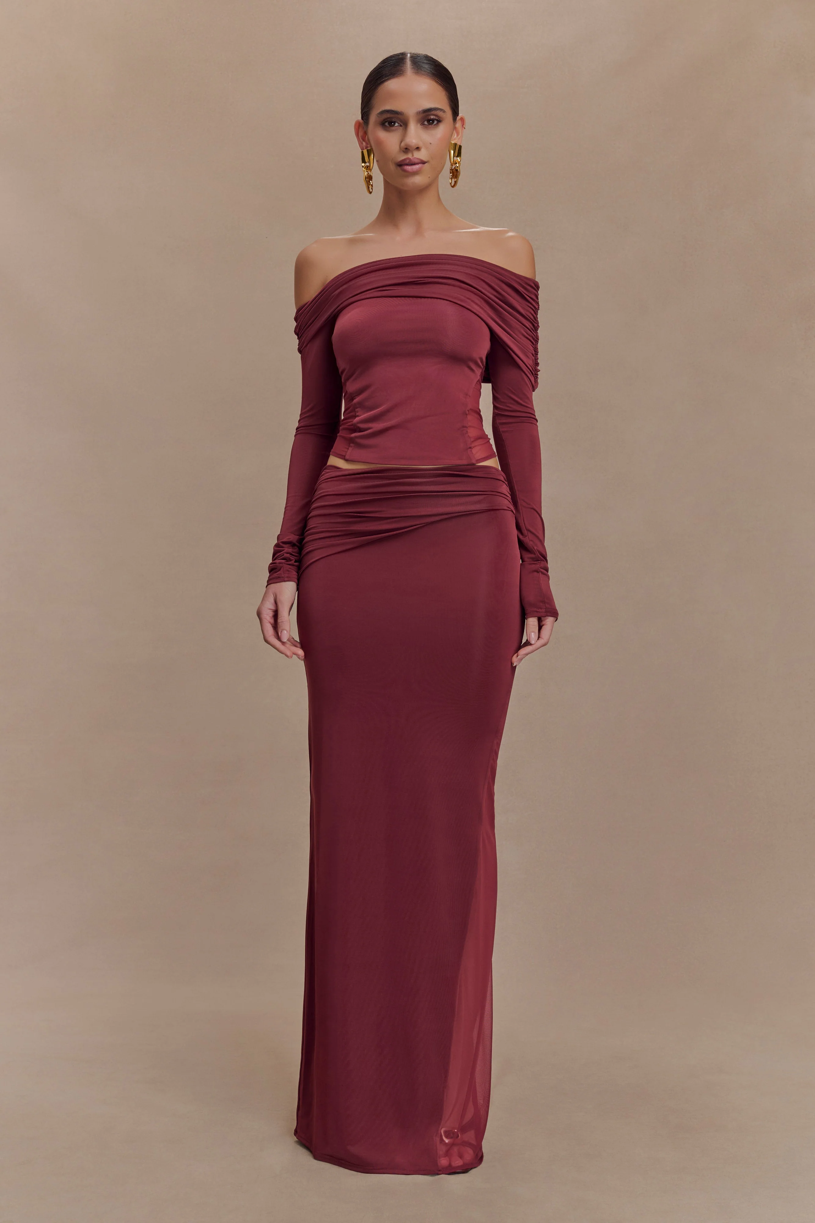 Judy Slinky And Mesh Off Shoulder Top - Wine - Image 4
