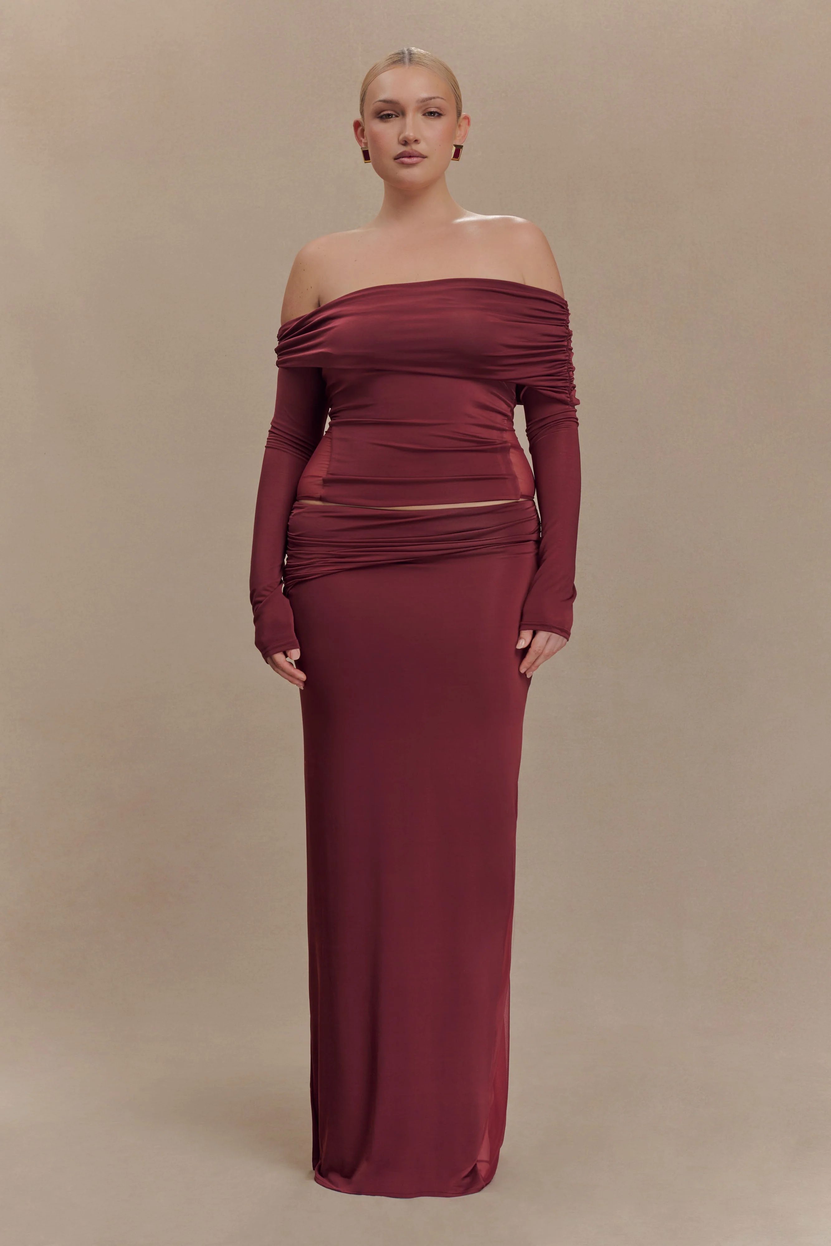 Judy Slinky And Mesh Off Shoulder Top - Wine - Image 7