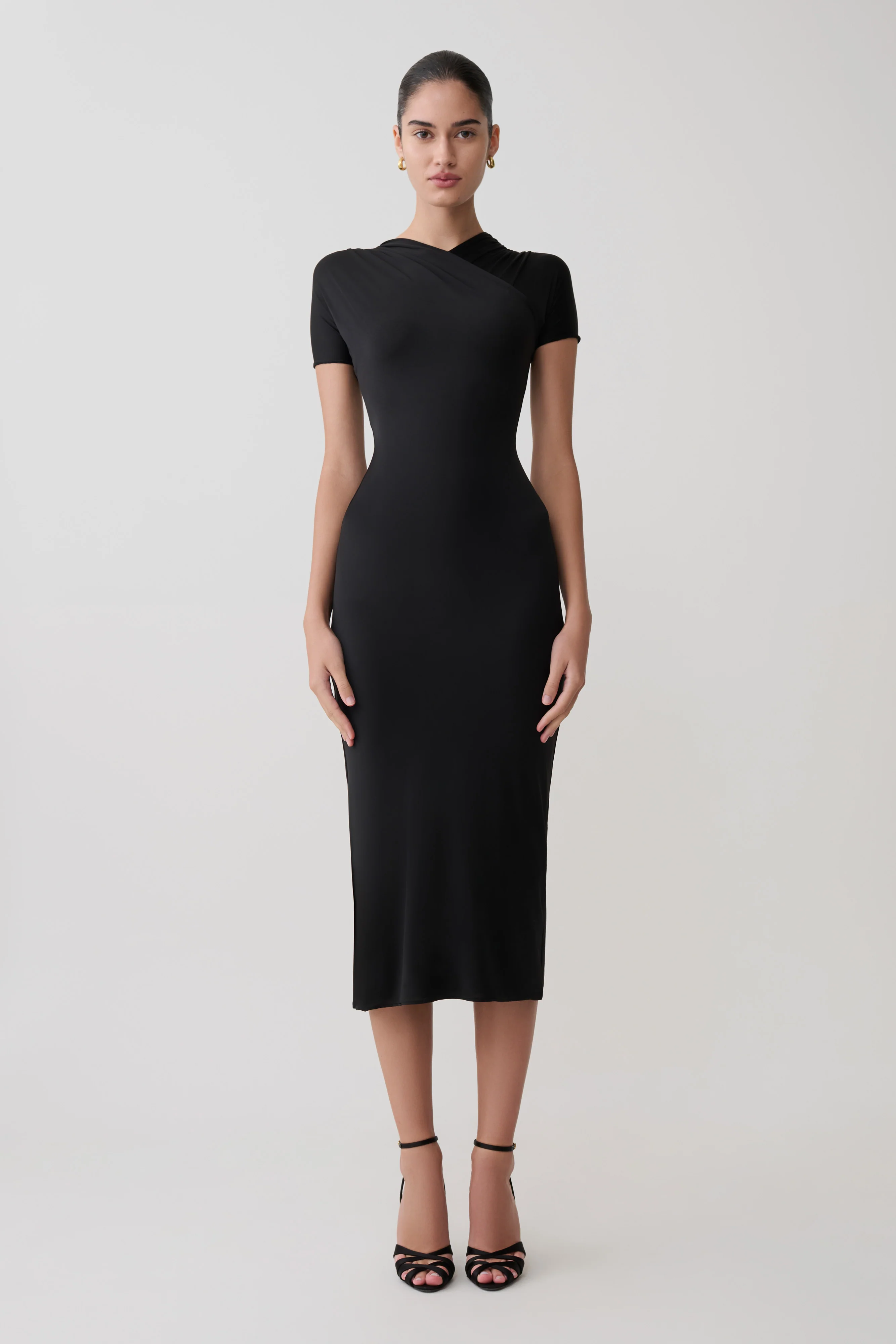 Junie Cross-Over Neck Slinky Maxi Dress - Black
