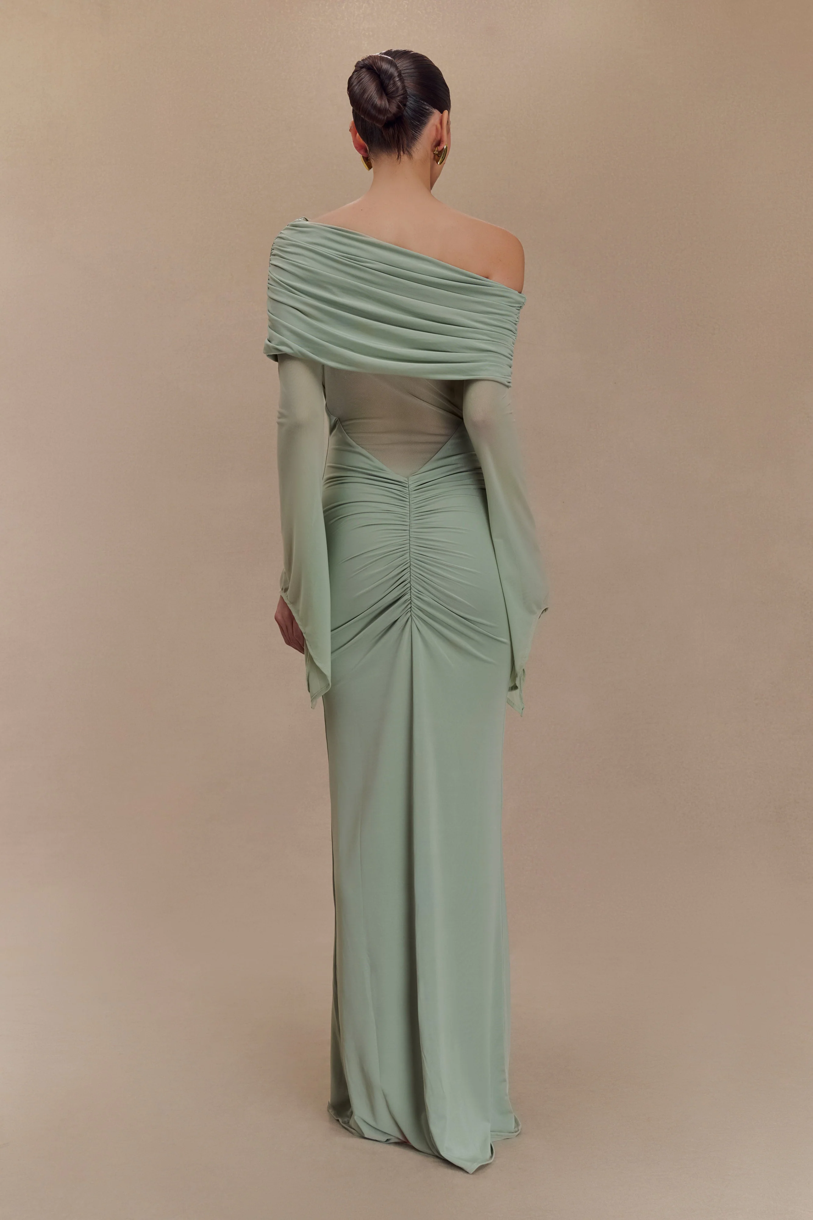 Kaitlin One Shoulder Slinky And Mesh Maxi Dress - Basil - Image 2