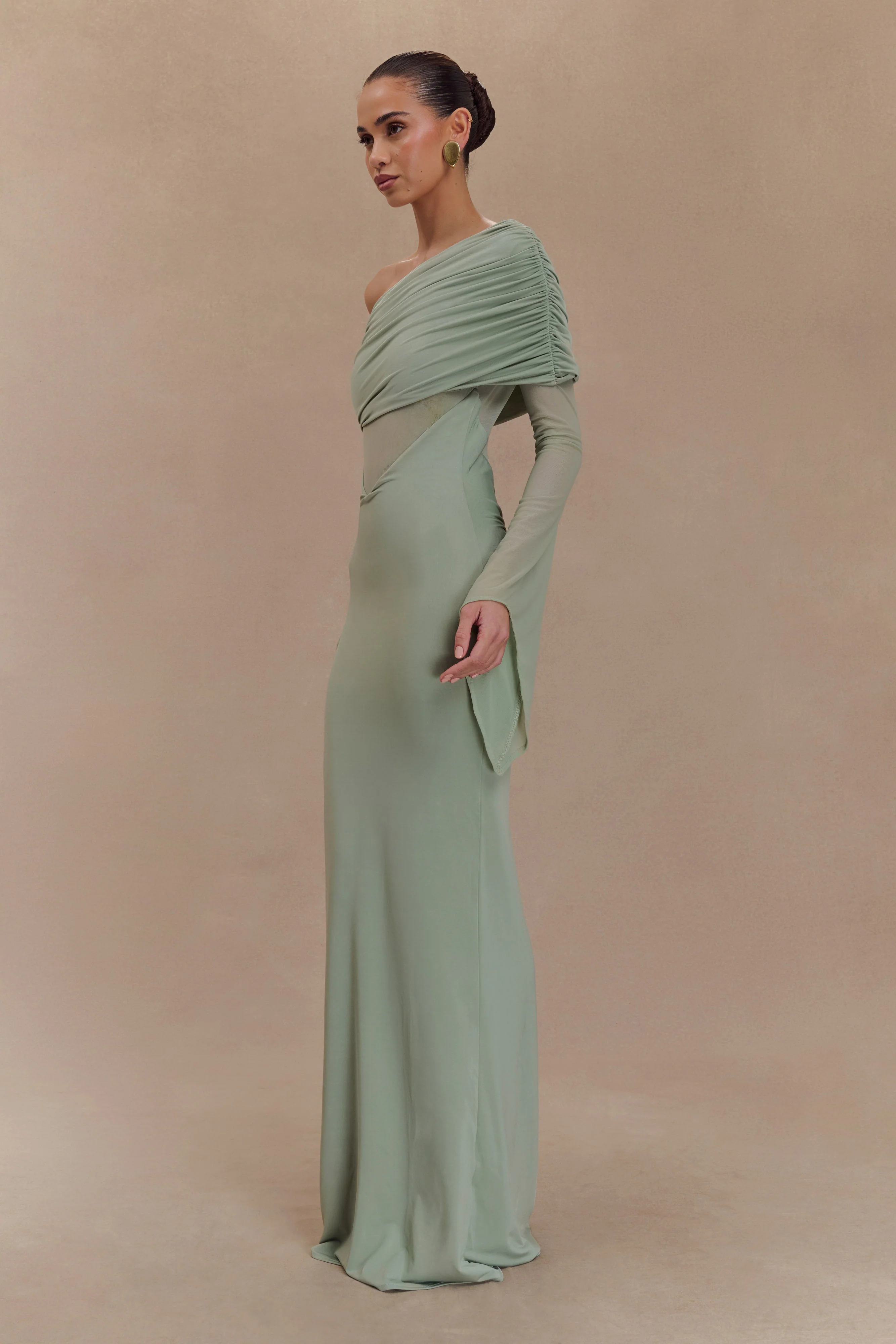 Kaitlin One Shoulder Slinky And Mesh Maxi Dress - Basil - Image 3