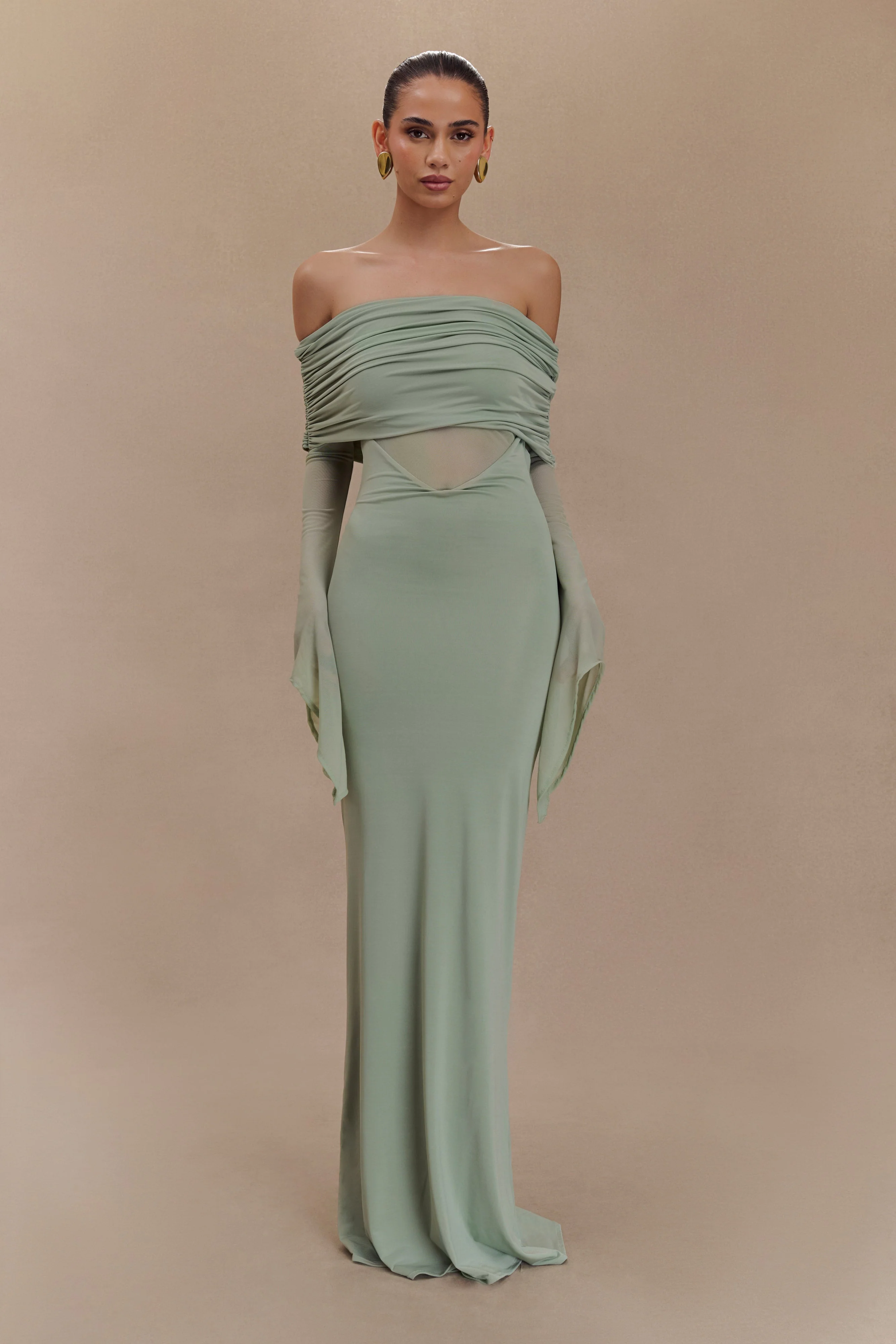 Kaitlin One Shoulder Slinky And Mesh Maxi Dress - Basil - Image 5