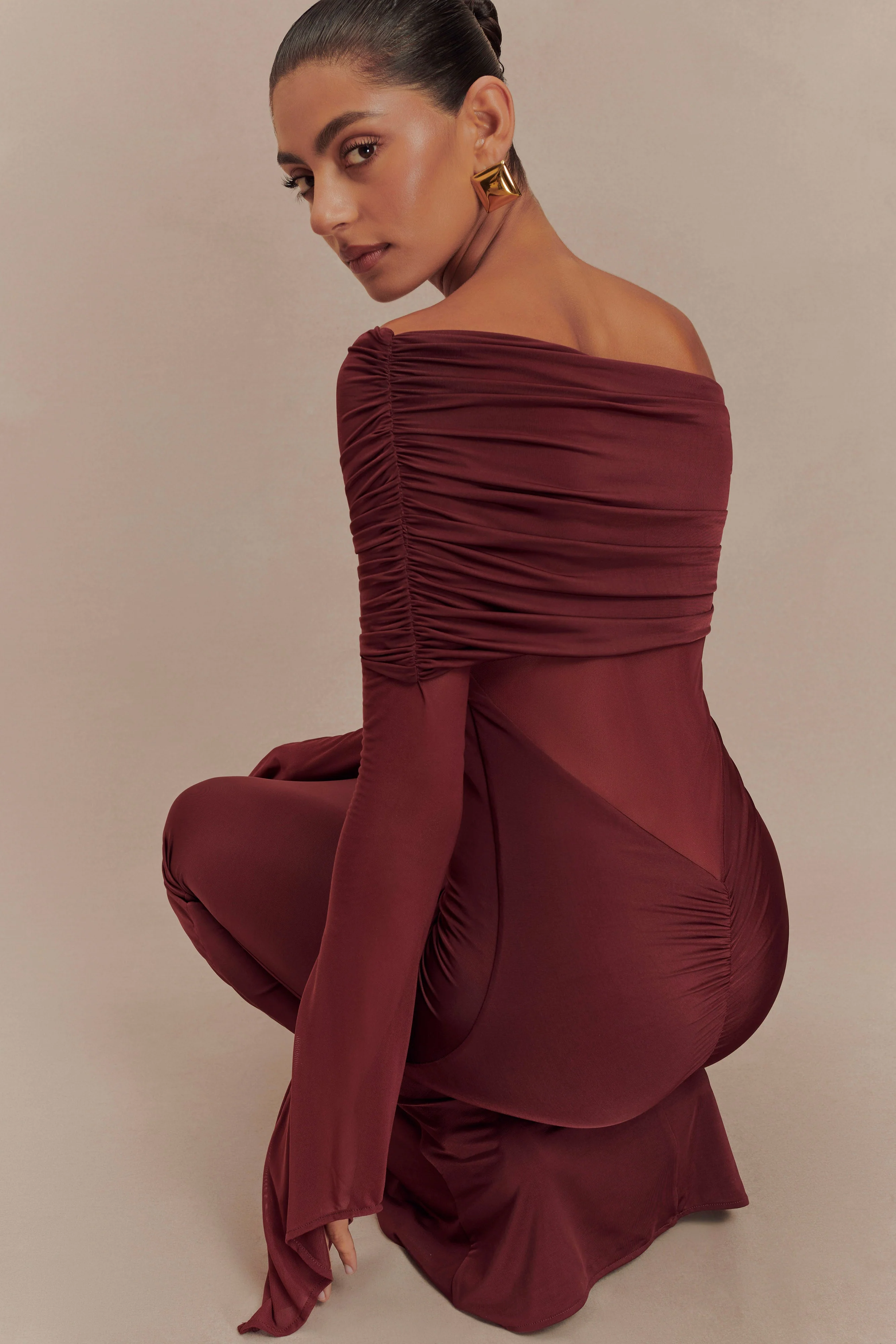 Kaitlin One Shoulder Slinky And Mesh Maxi Dress - Burgundy - Image 3