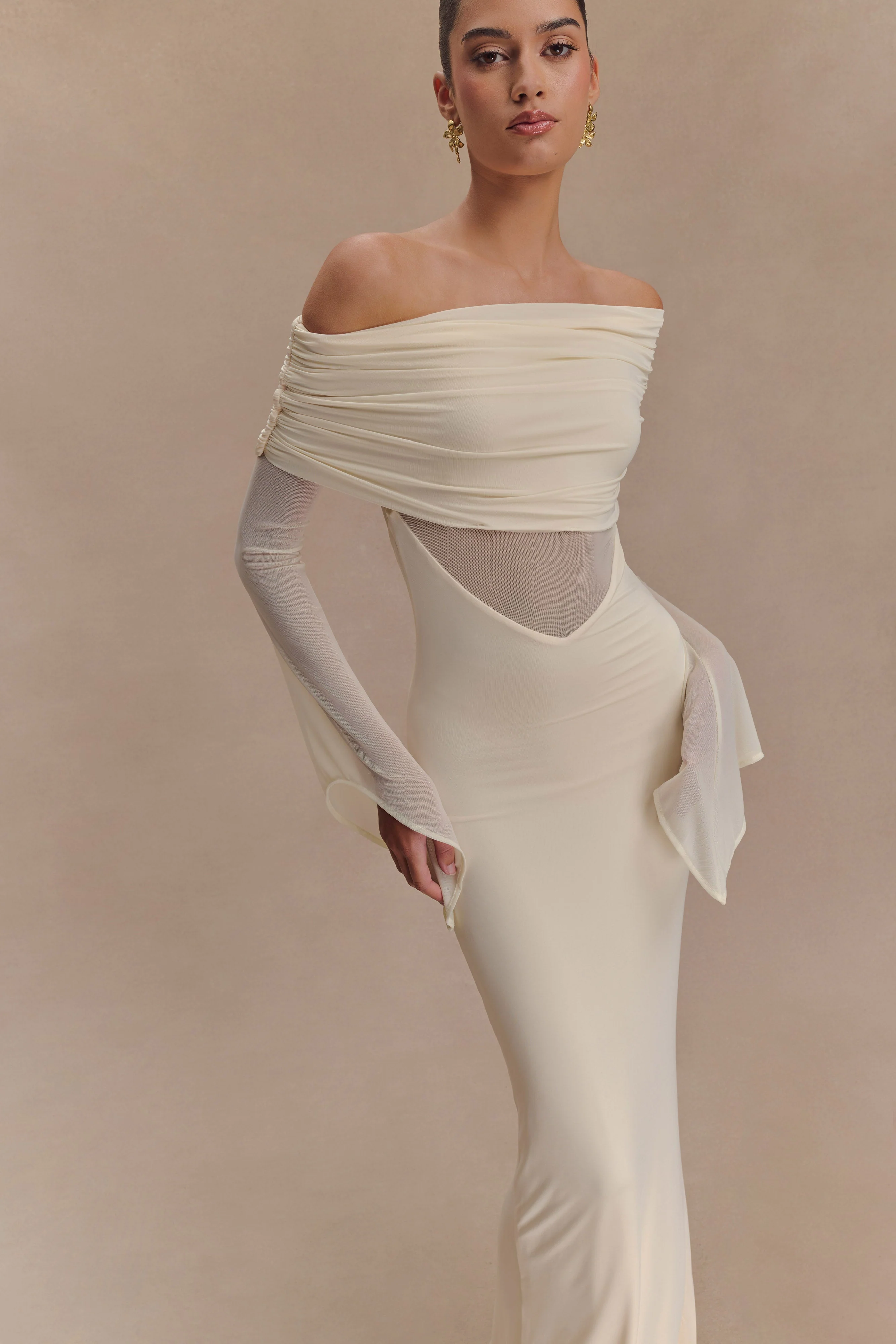 Kaitlin One Shoulder Slinky And Mesh Maxi Dress - Ivory - Image 4
