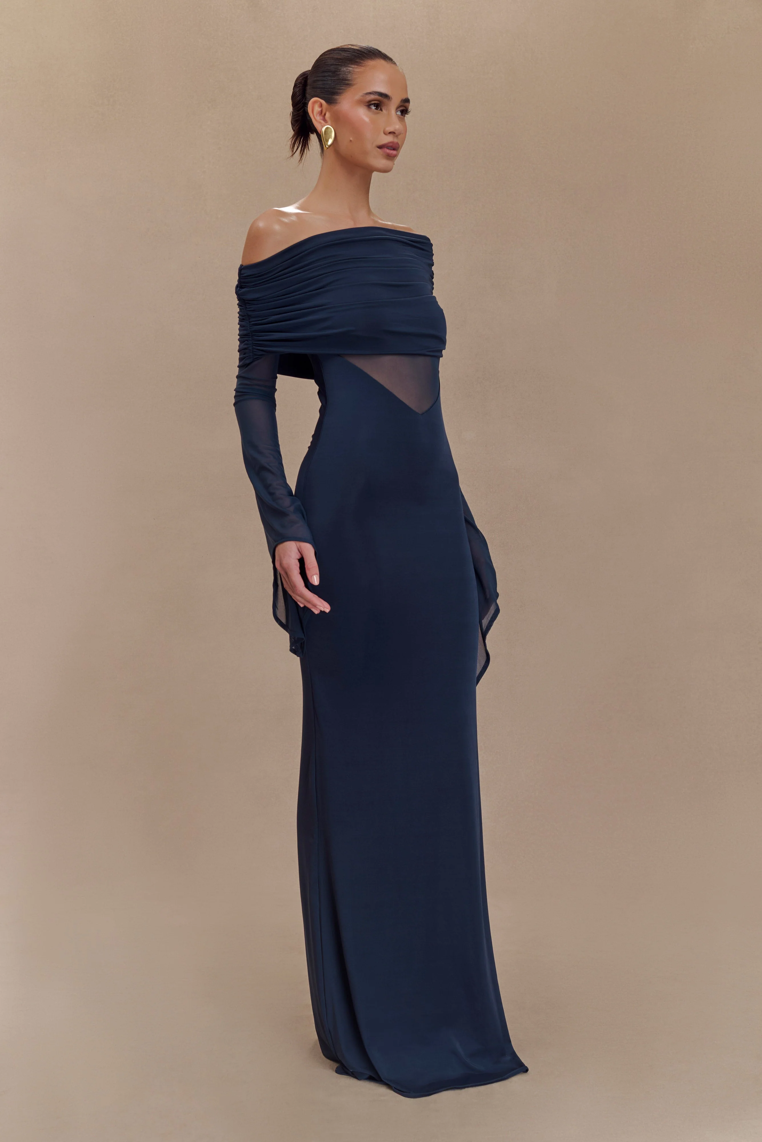 Kaitlin One Shoulder Slinky And Mesh Maxi Dress - Midnight Blue - Image 4