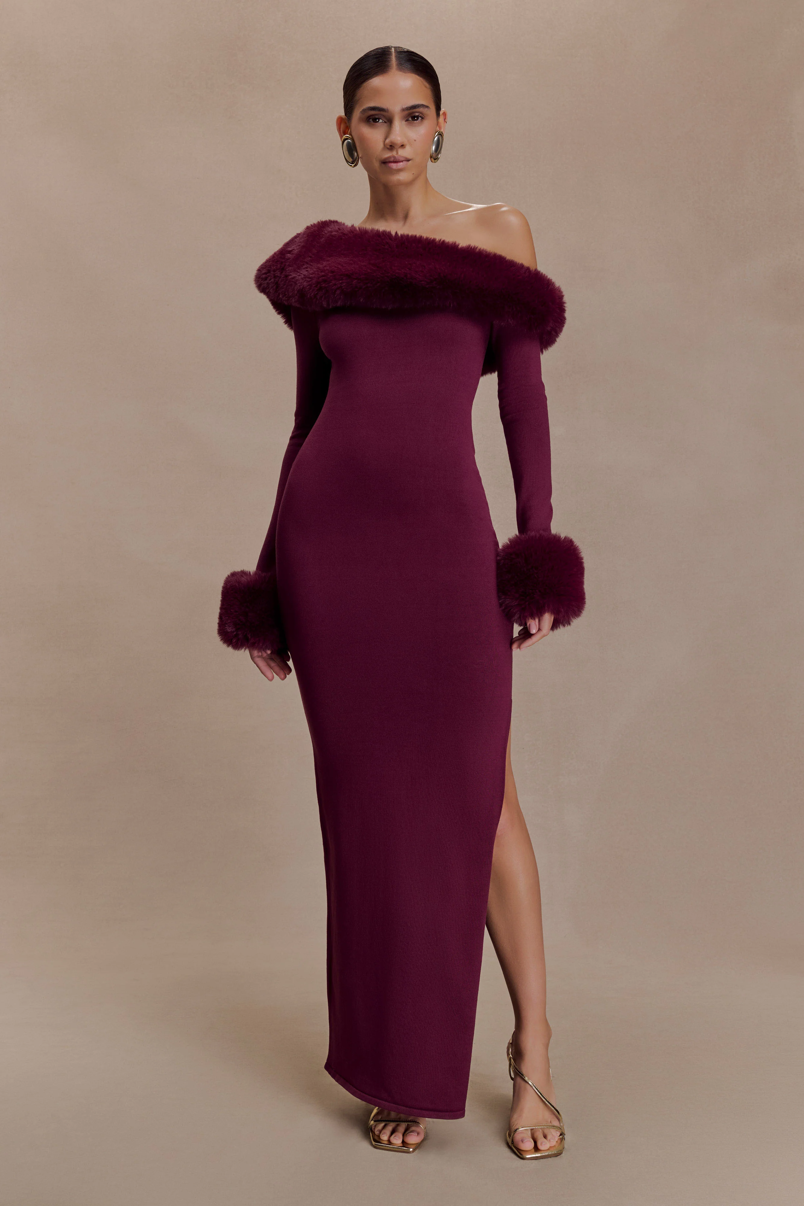 Karleigh Faux Fur Knit Maxi Dress - Plum - Image 5