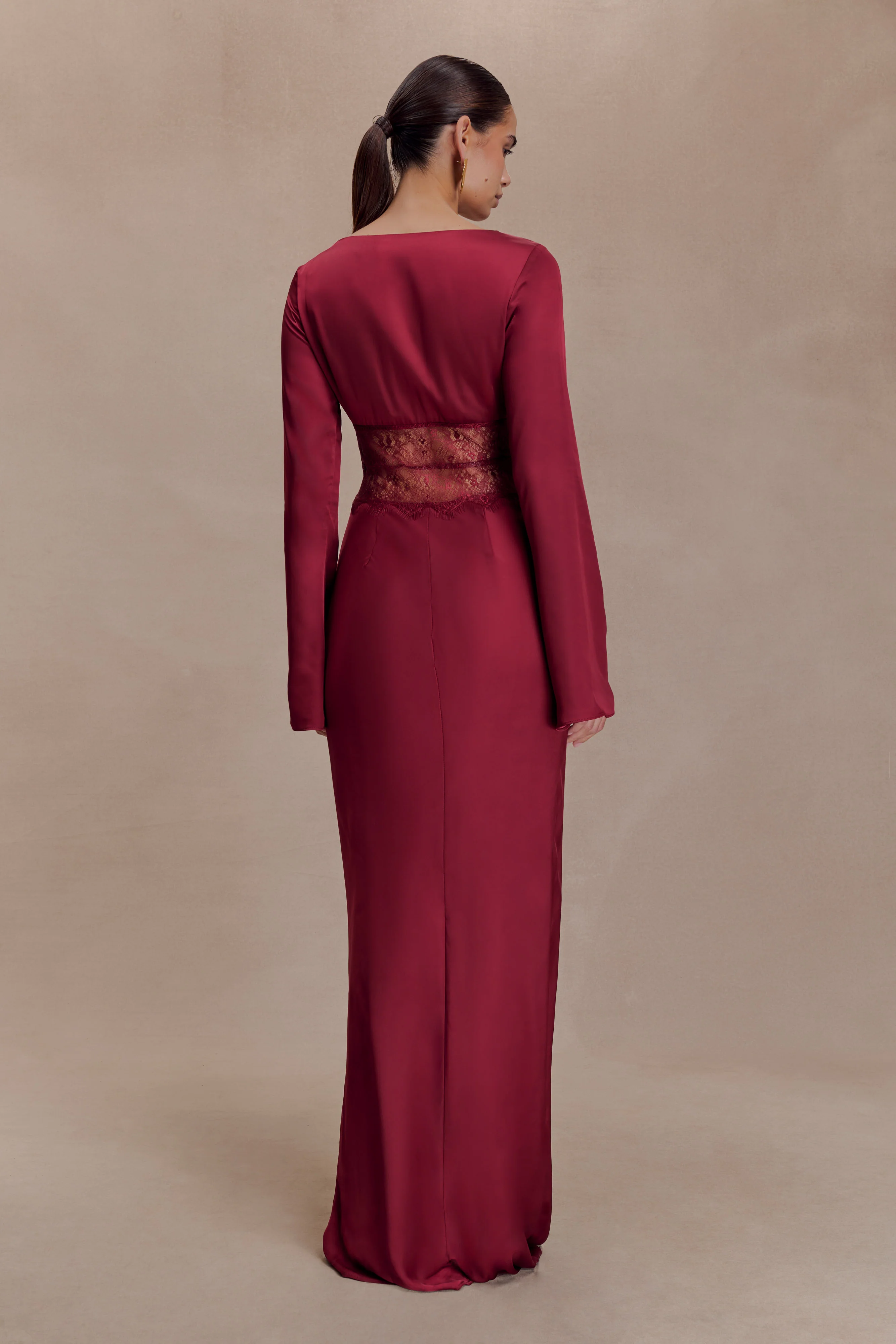 Kaya Long Sleeve Satin And Mesh Maxi Dress - Wine - Image 2