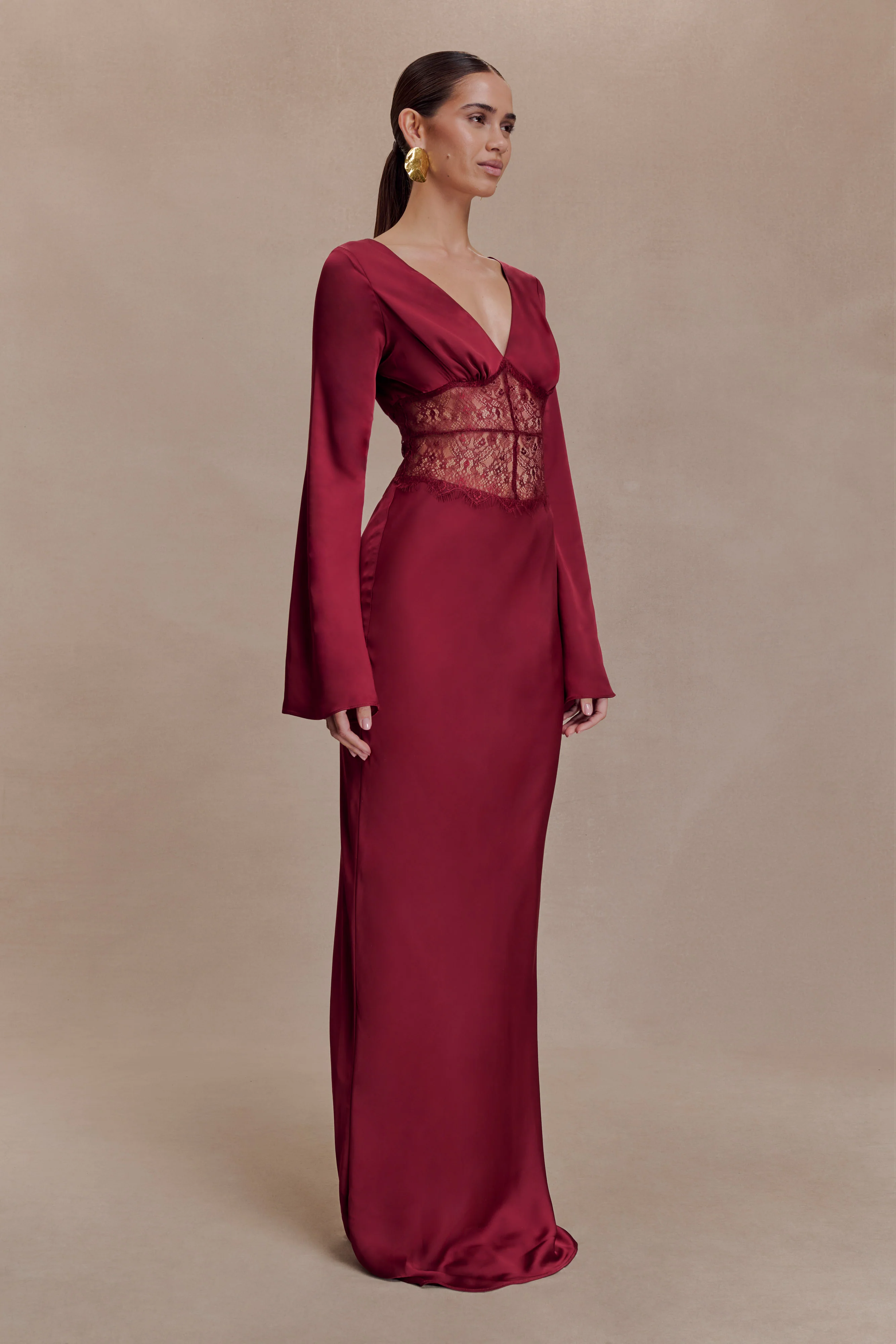 Kaya Long Sleeve Satin And Mesh Maxi Dress - Wine - Image 3