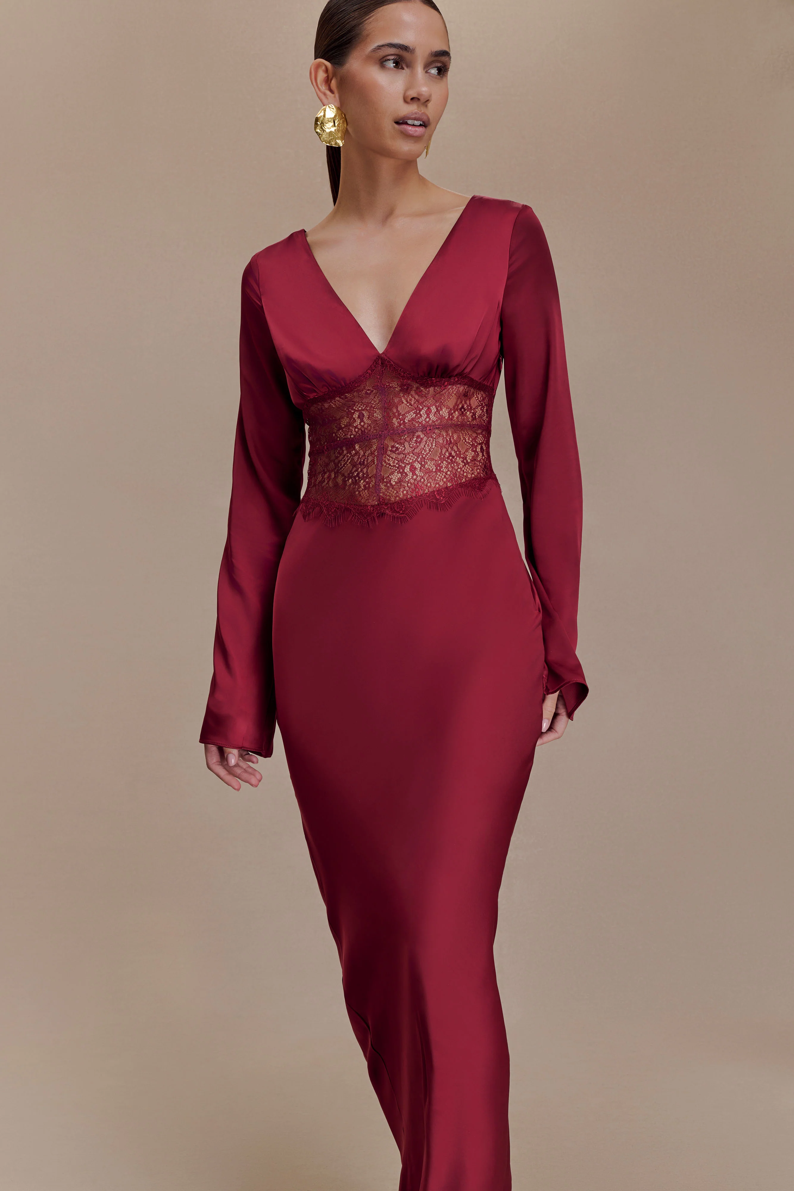 Kaya Long Sleeve Satin And Mesh Maxi Dress - Wine - Image 5