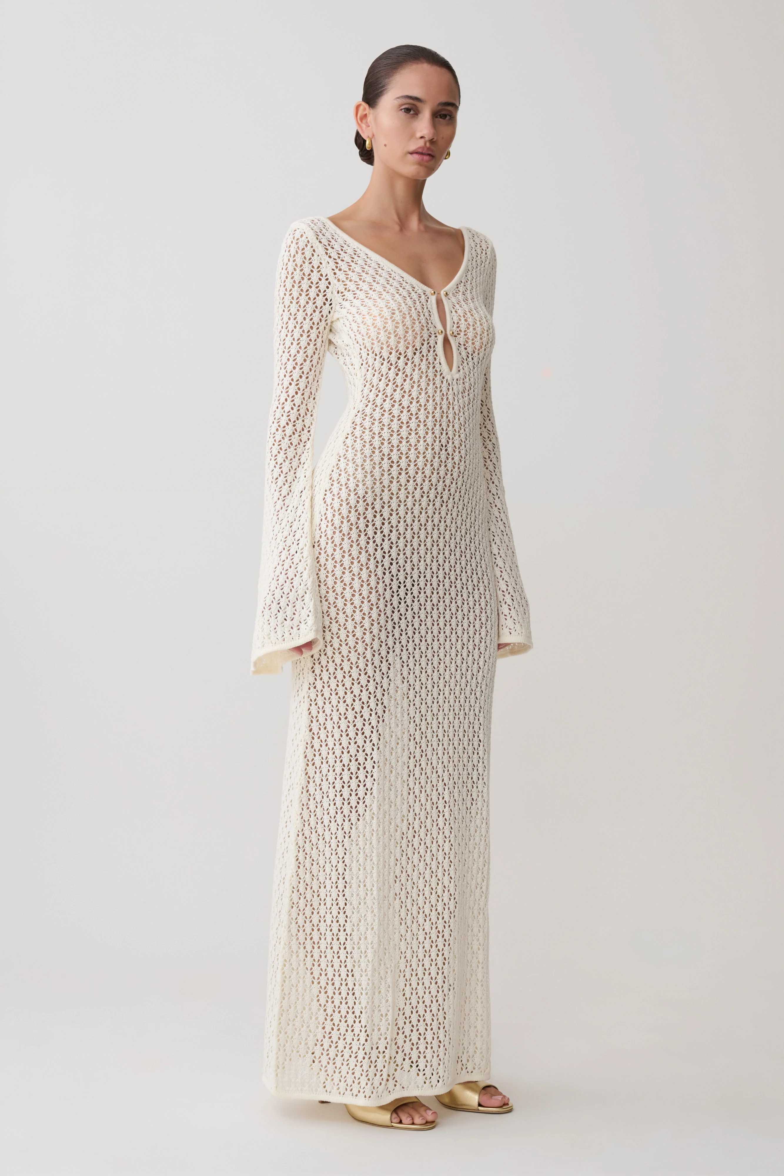 Kayleigh Crochet Fishtail Flare Sleeve Maxi Dress - White - Image 3