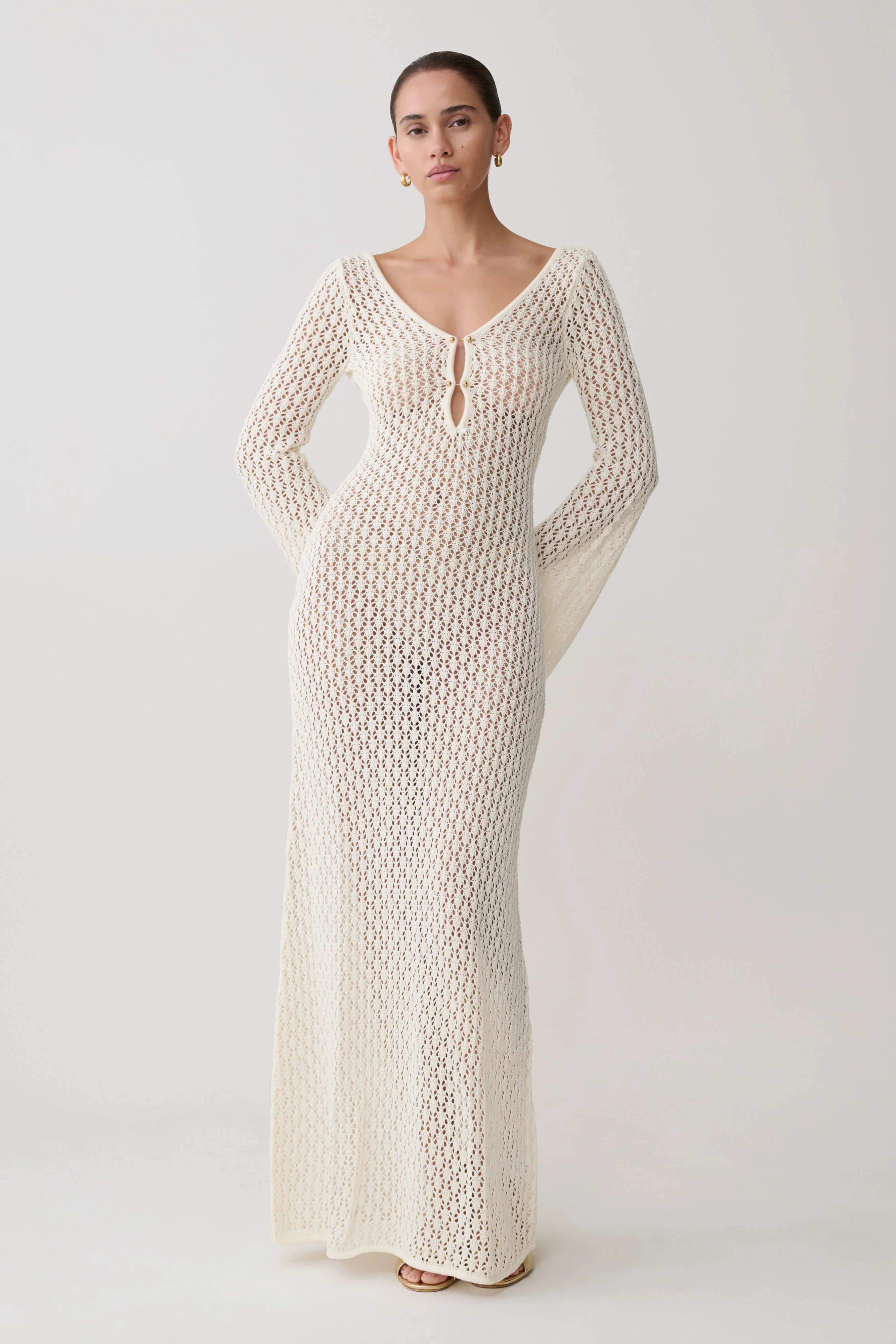 Kayleigh Crochet Fishtail Flare Sleeve Maxi Dress - White - Image 4