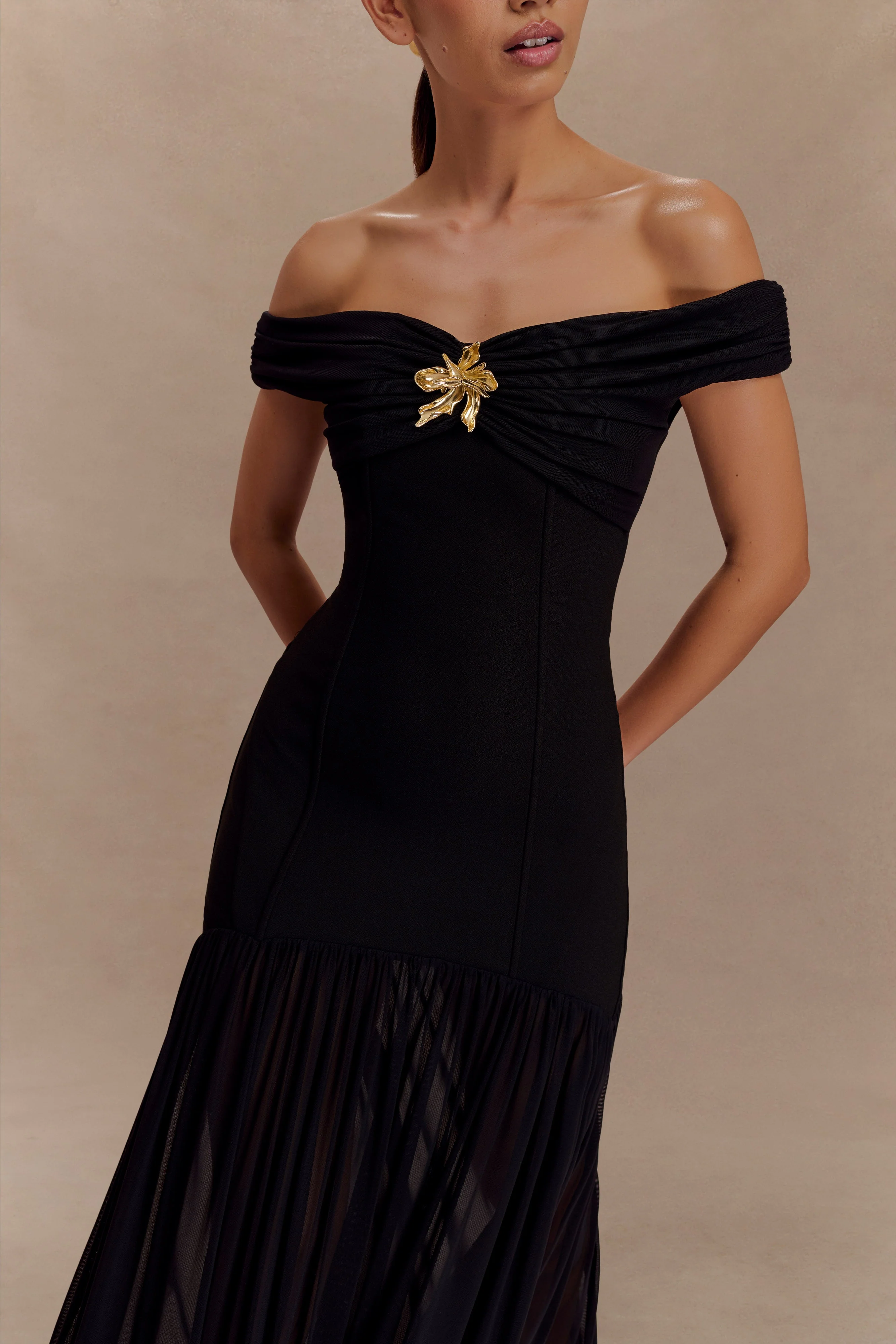 Kellie Off Shoulder Crepe Maxi Dress - Black - Image 3
