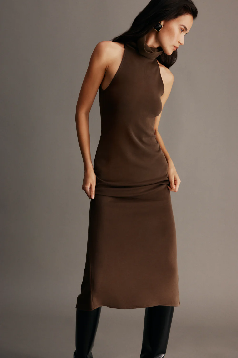 Kennedy High Neck Midi Dress - Chocolate - Image 2