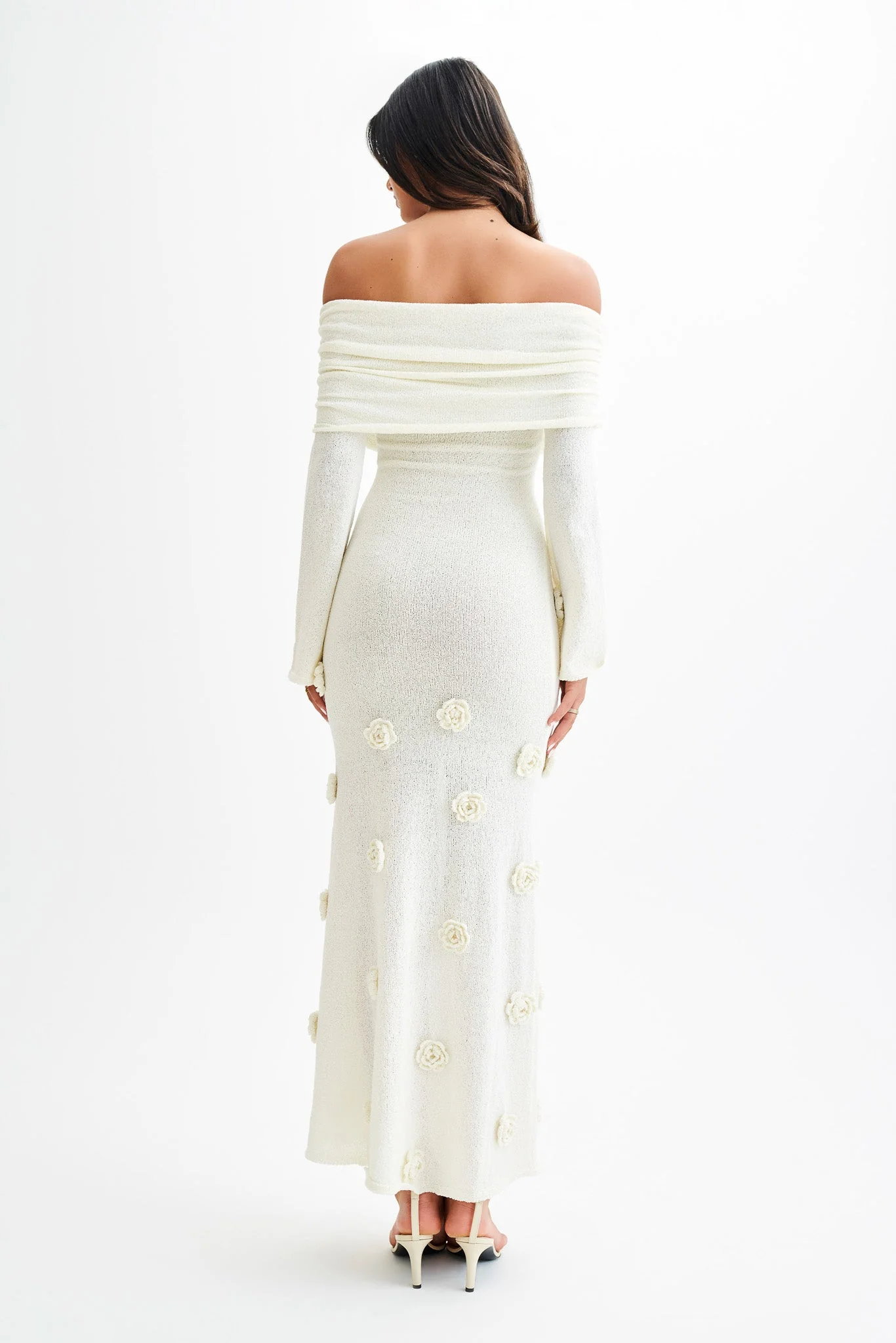 Kiki Off Shoulder Knit Rose Maxi Dress - Ivory - Image 3