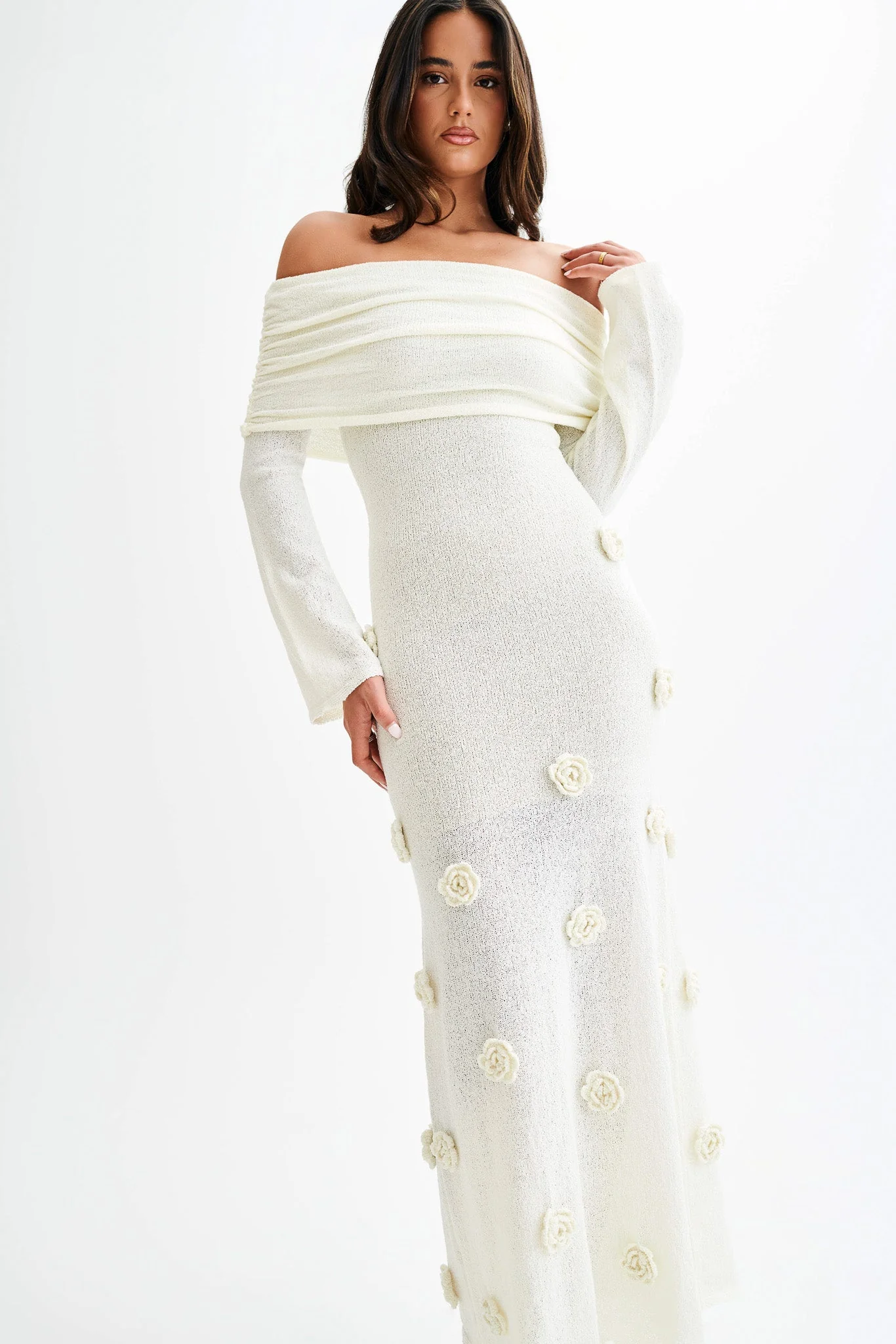 Kiki Off Shoulder Knit Rose Maxi Dress - Ivory - Image 7