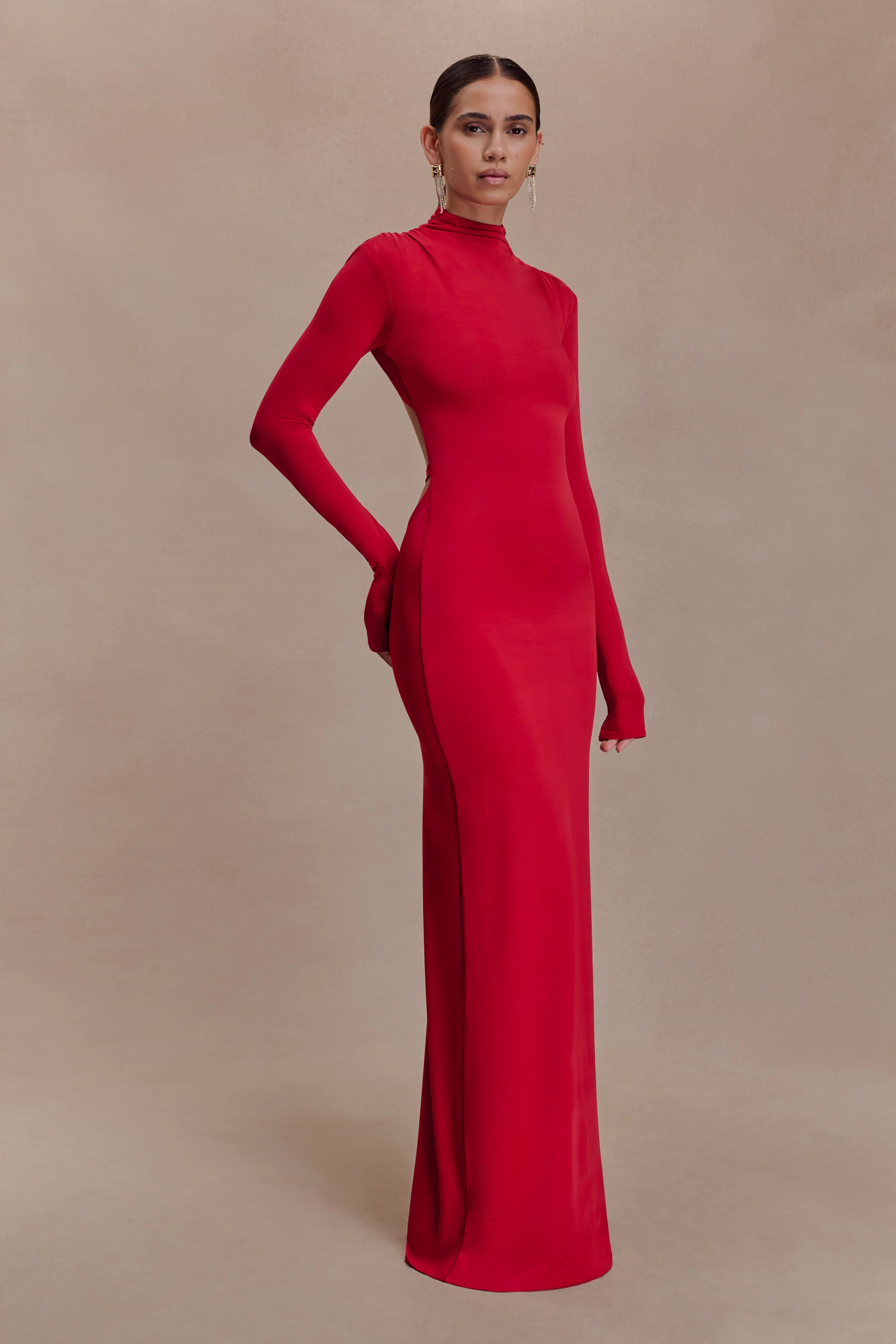 Kiyah Slinky Cut Out Maxi Dress - Red - Image 5