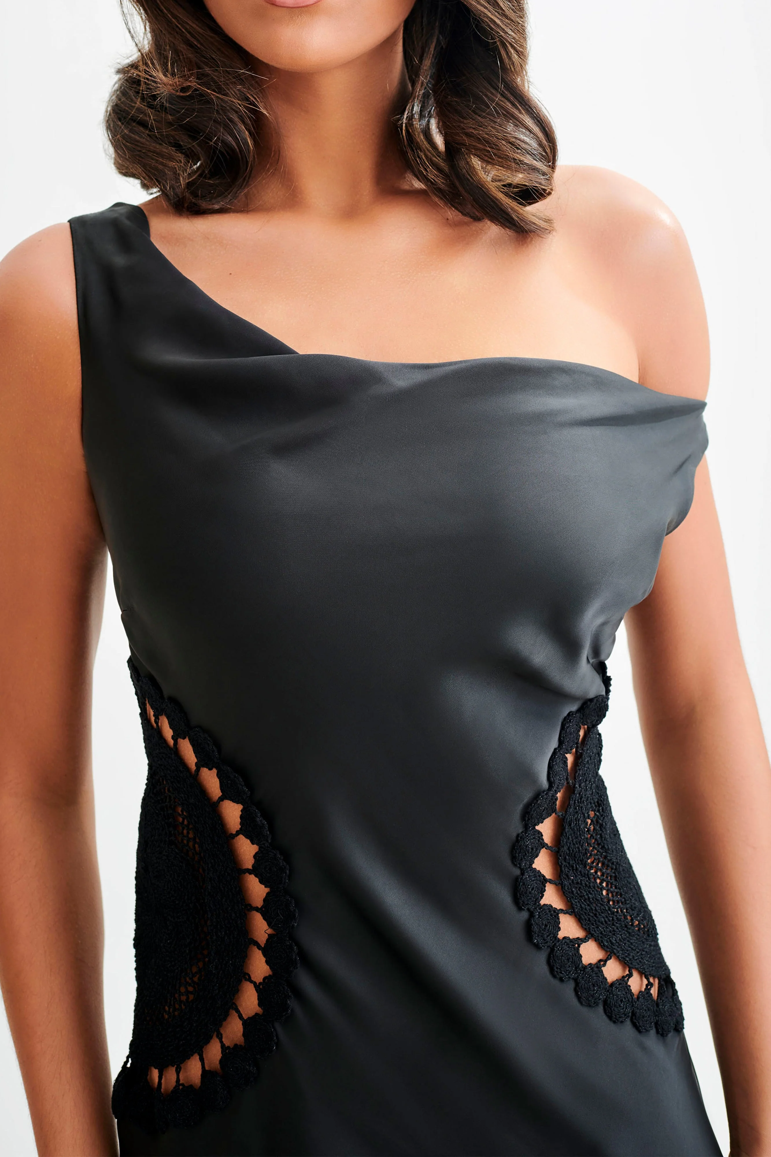 Kristina Satin Maxi Dress With Crochet - Black - Image 3