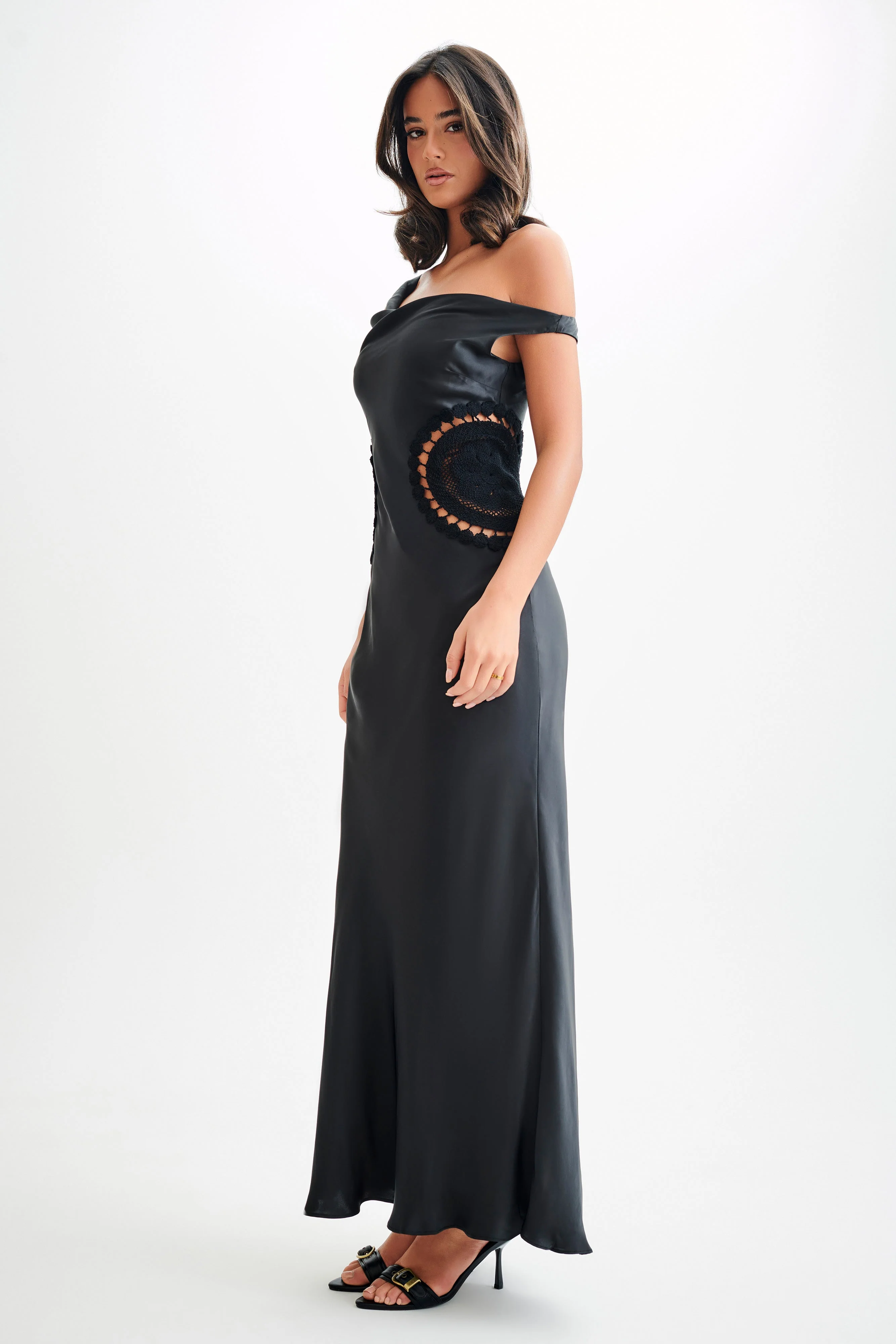 Kristina Satin Maxi Dress With Crochet - Black - Image 4