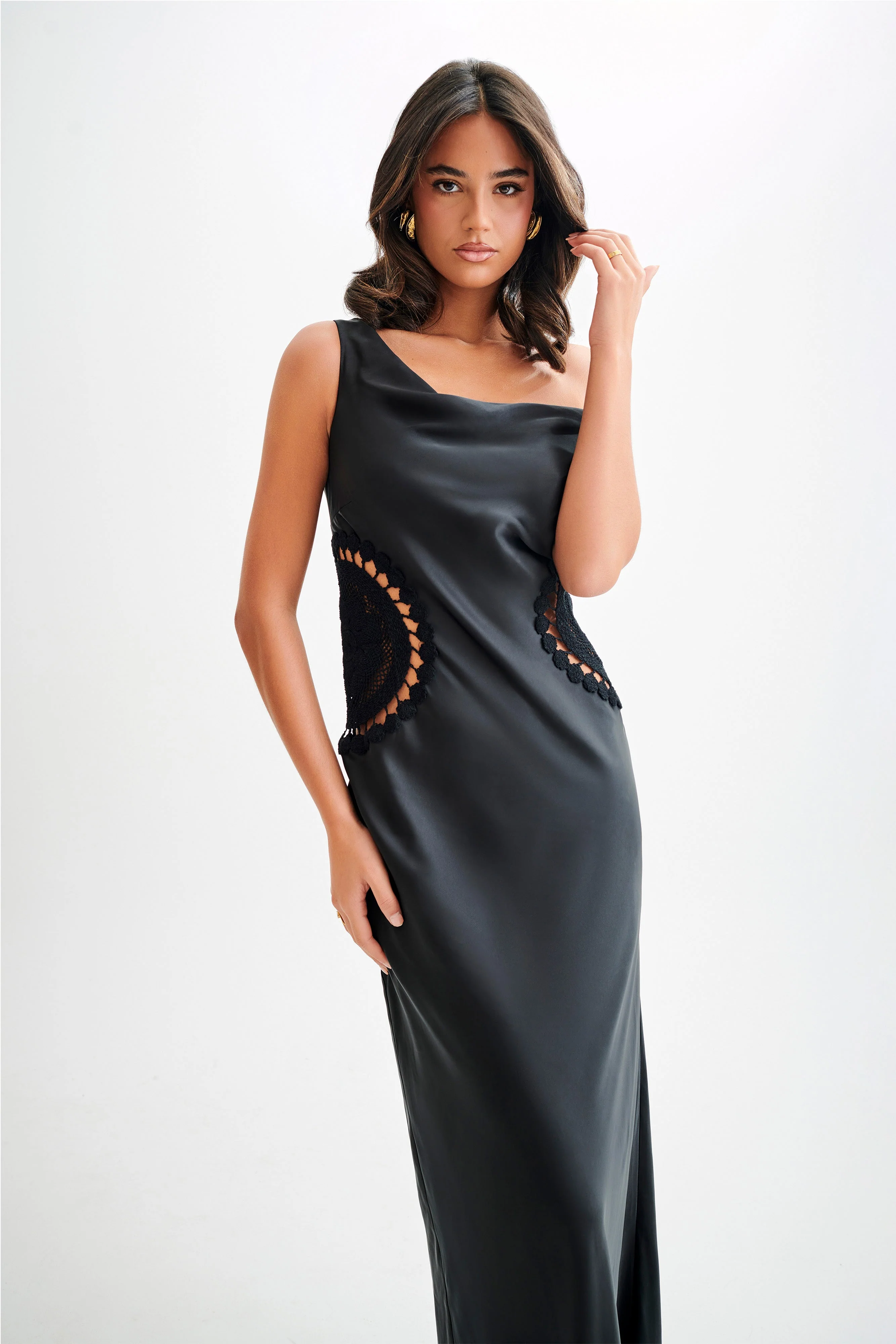 Kristina Satin Maxi Dress With Crochet - Black - Image 5