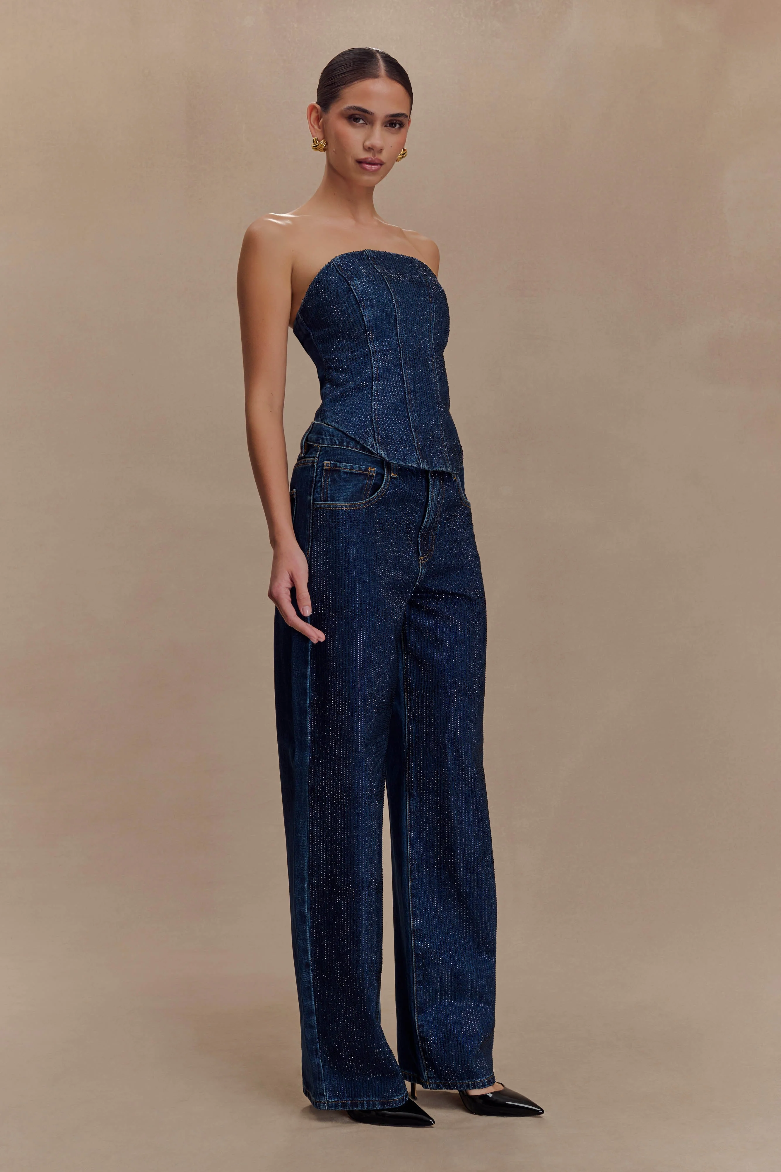 Laina Mid Rise Diamante Denim Jeans - Midnight Blue - Image 5
