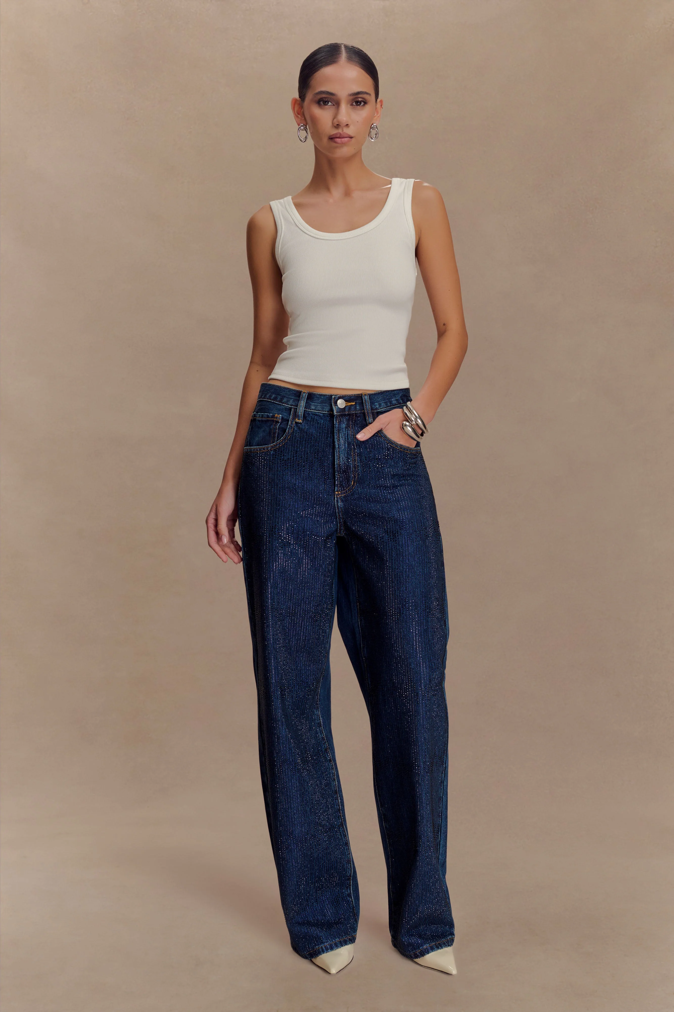 Laina Mid Rise Diamante Denim Jeans - Midnight Blue - Image 6