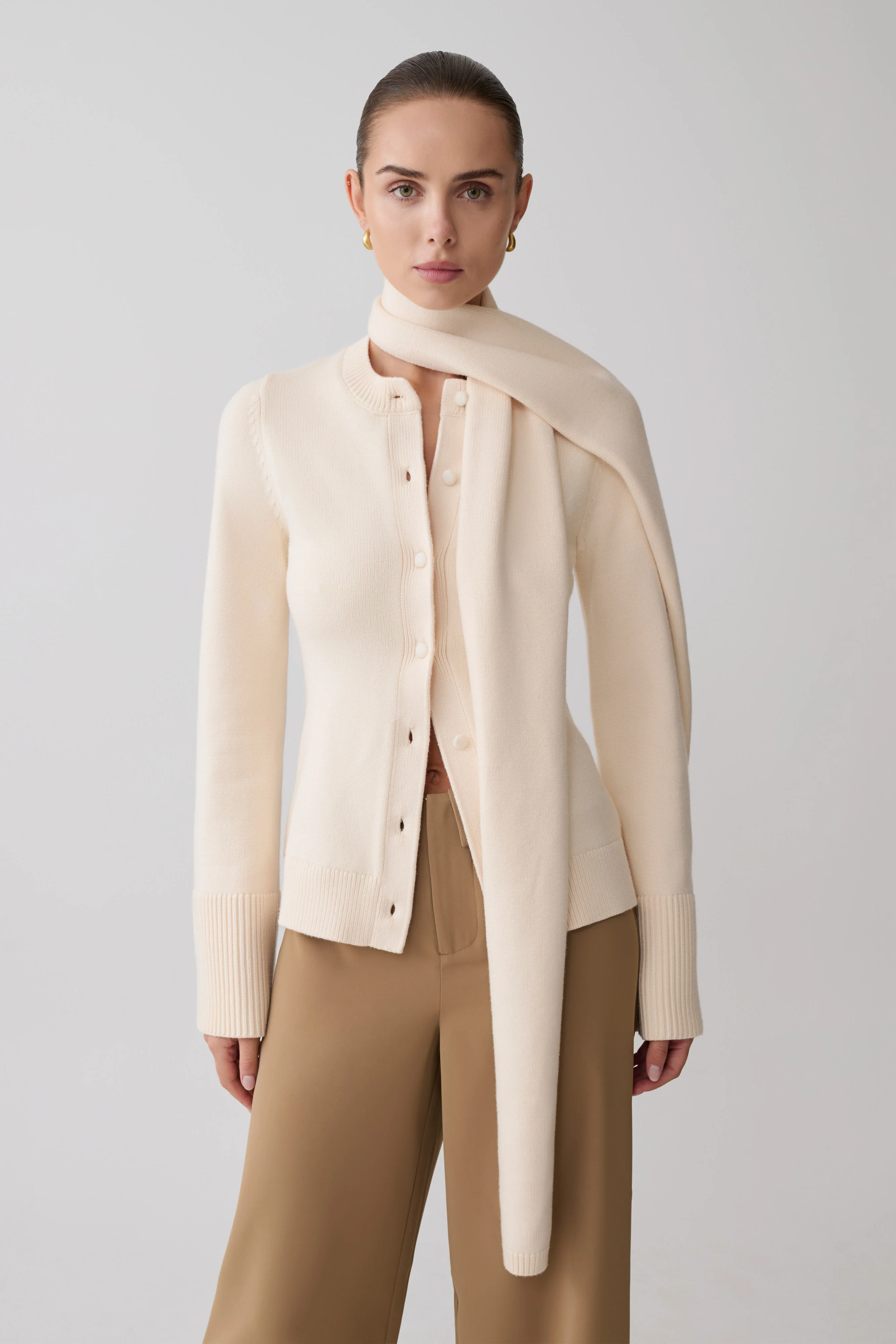 Lara Knit Cardigan With Scarf - Ivory - Image 3