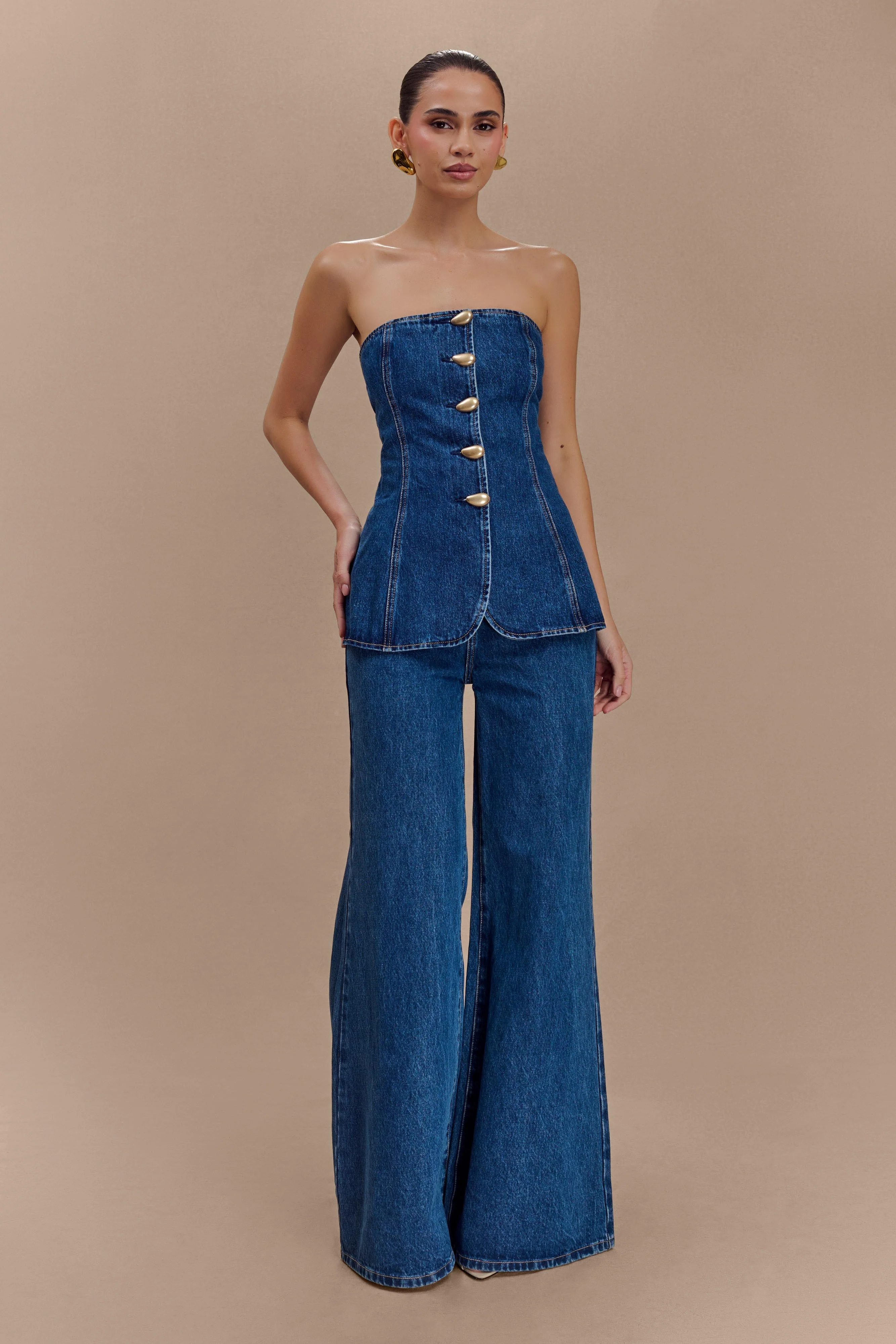 Lennox Strapless Long Line Button Top - Dark Blue - Image 3