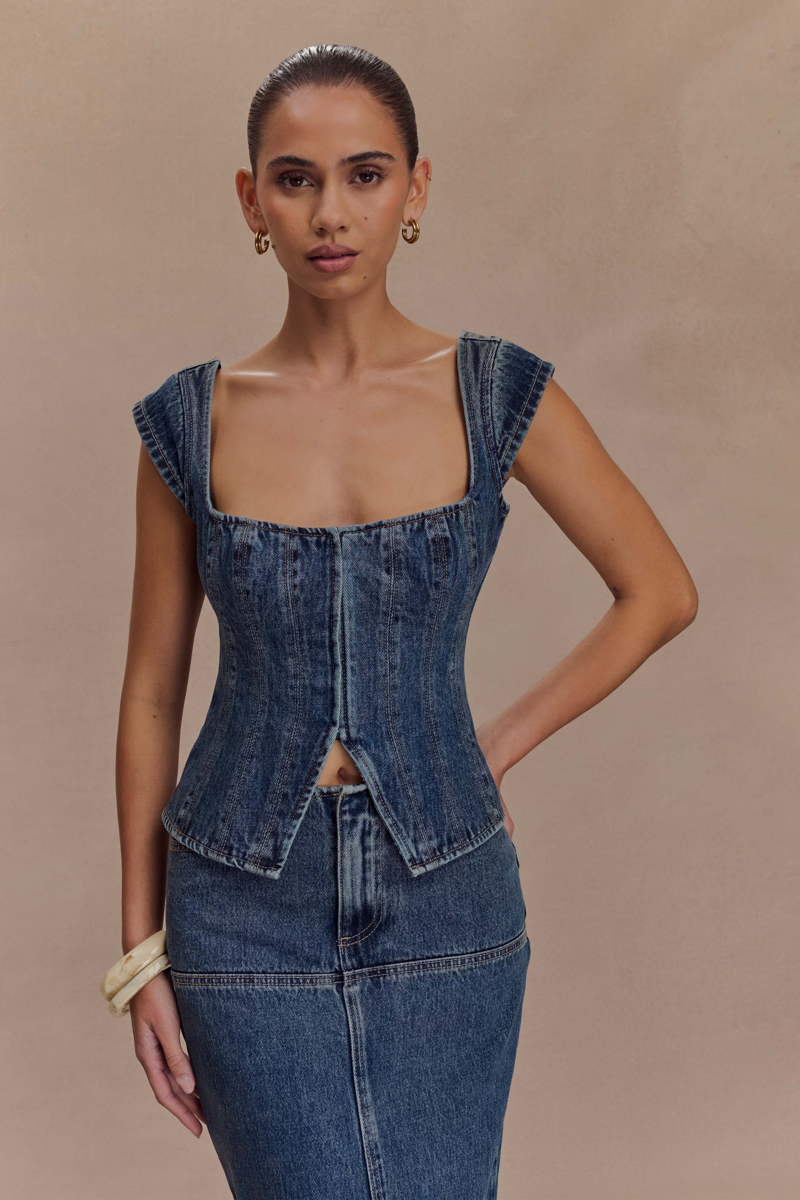 Loretta Cap Sleeve Denim Top - Washed Dark Blue - Image 2