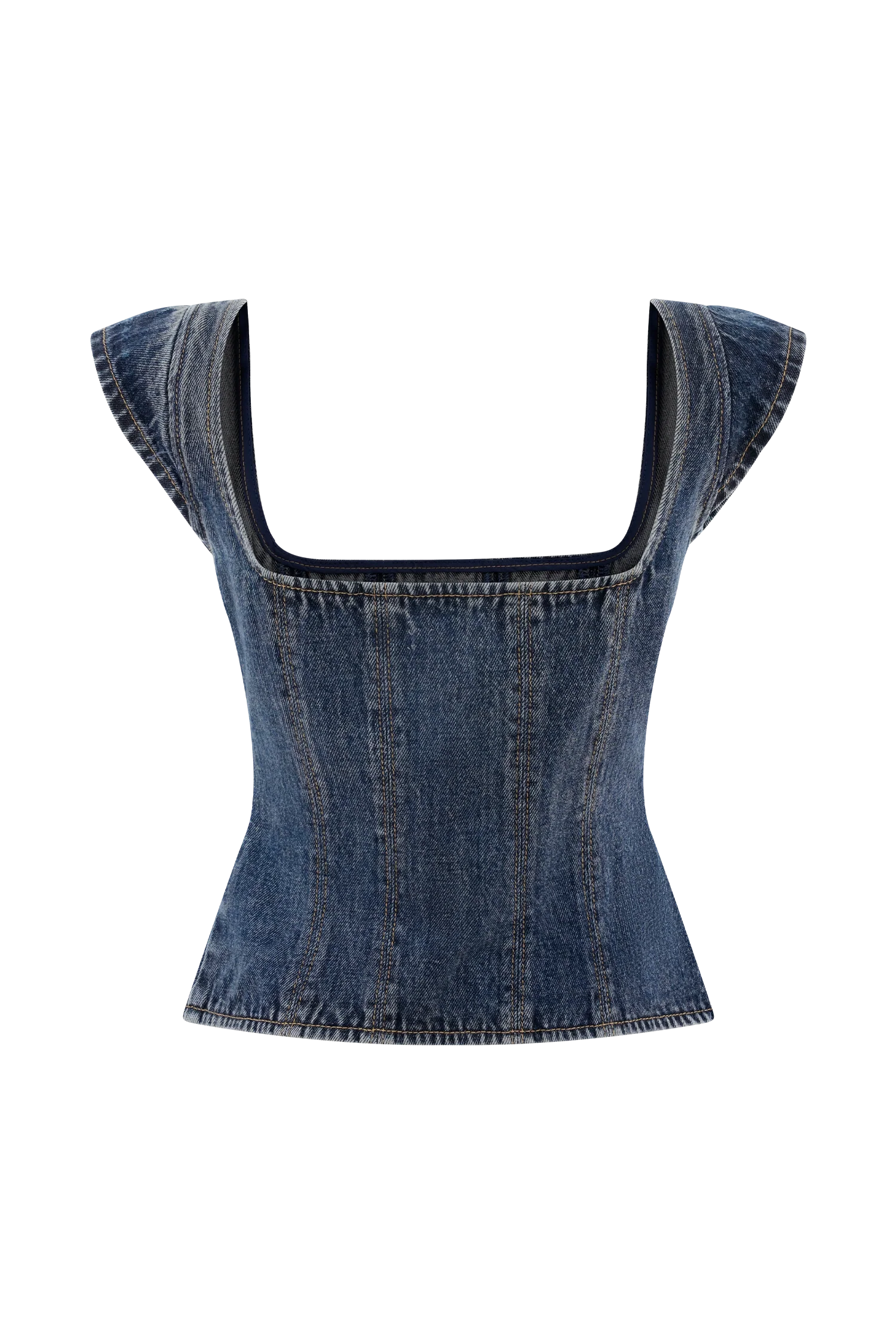 Loretta Cap Sleeve Denim Top - Washed Dark Blue - Image 8