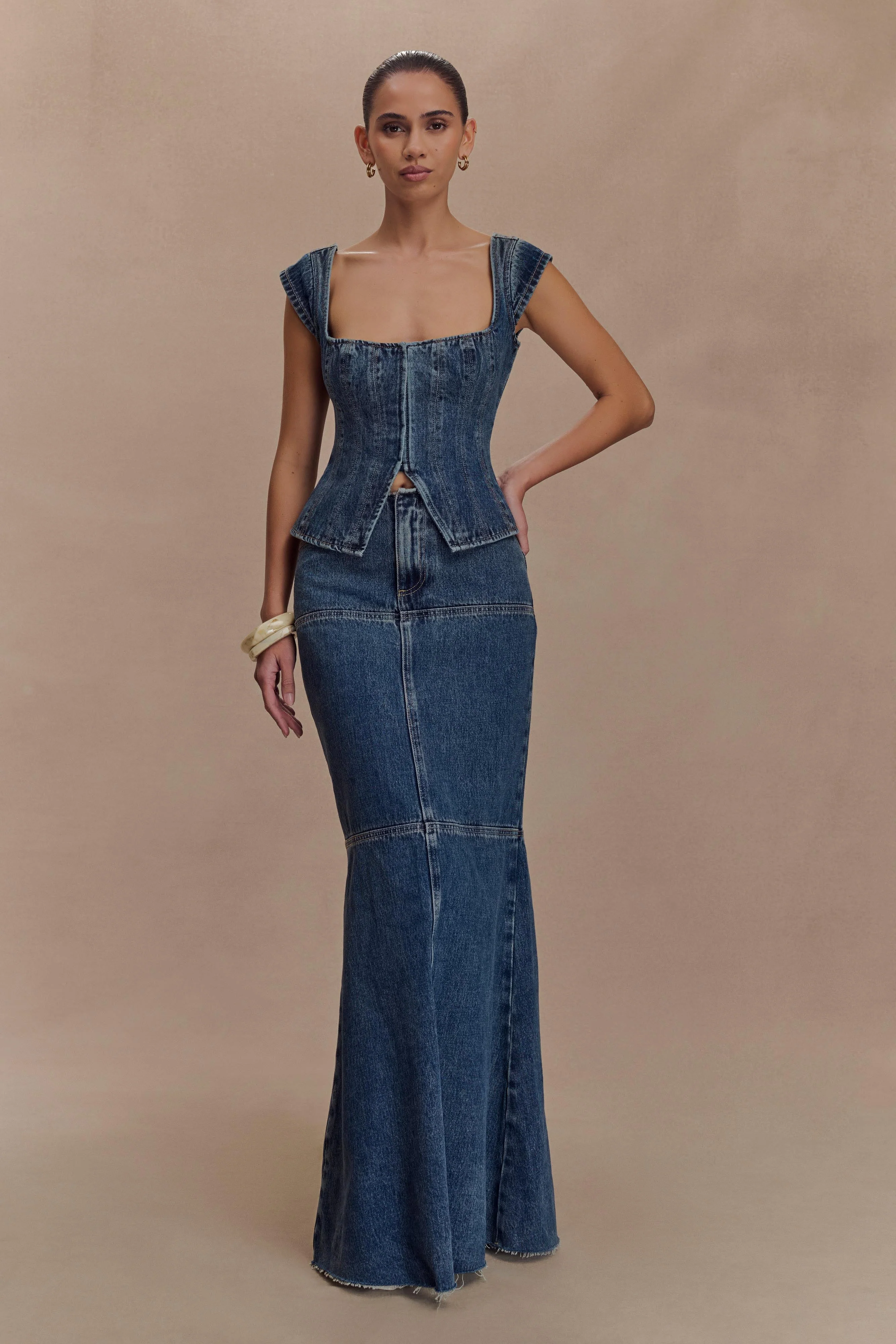 Loretta Denim Maxi Skirt - Washed Dark Blue - Image 3