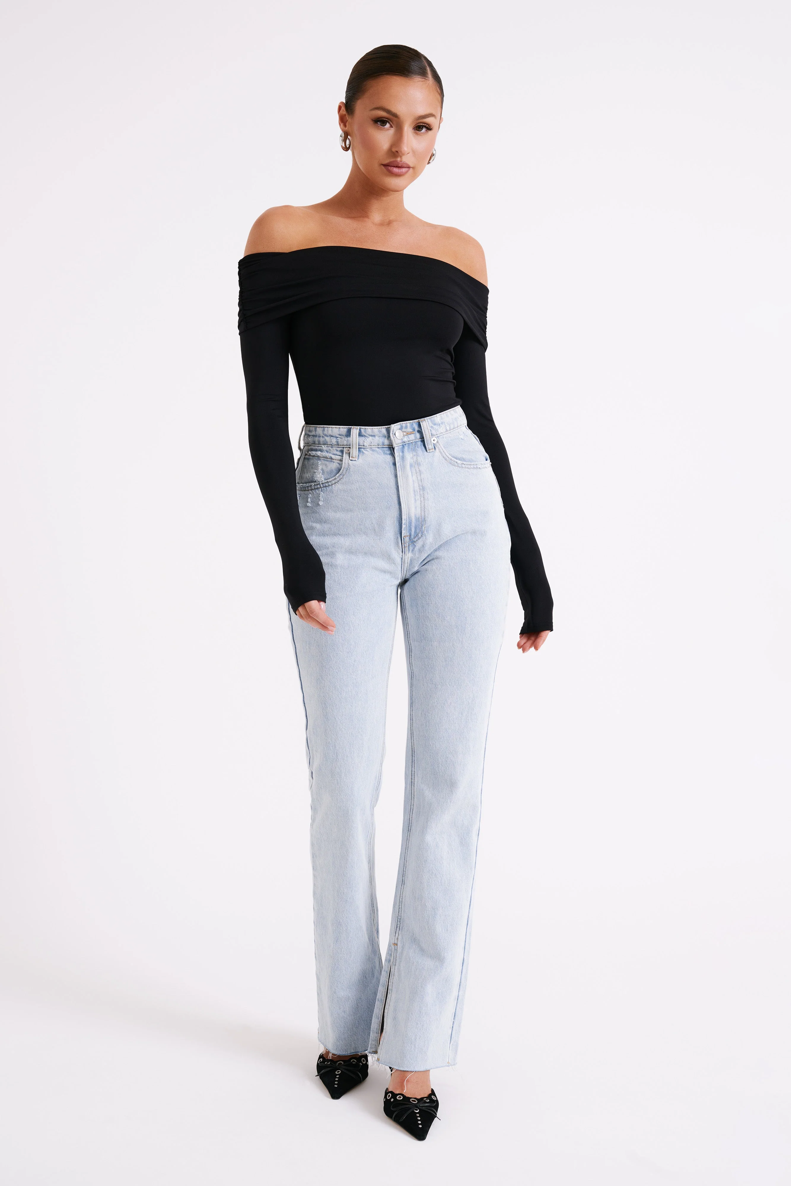 Lucinda Recycled Nylon Off Shoulder Top - Black - Image 3