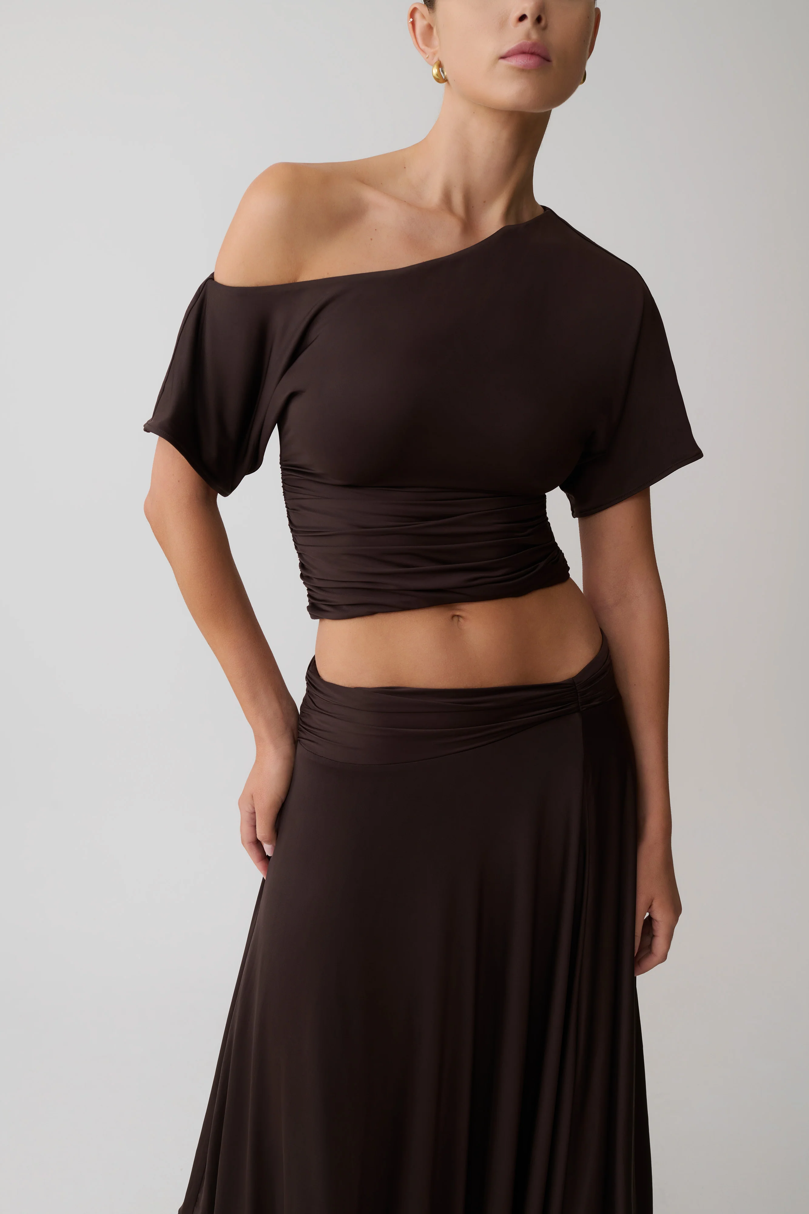 Luu Off Shoulder Slinky Top - Dark Chocolate - Image 3