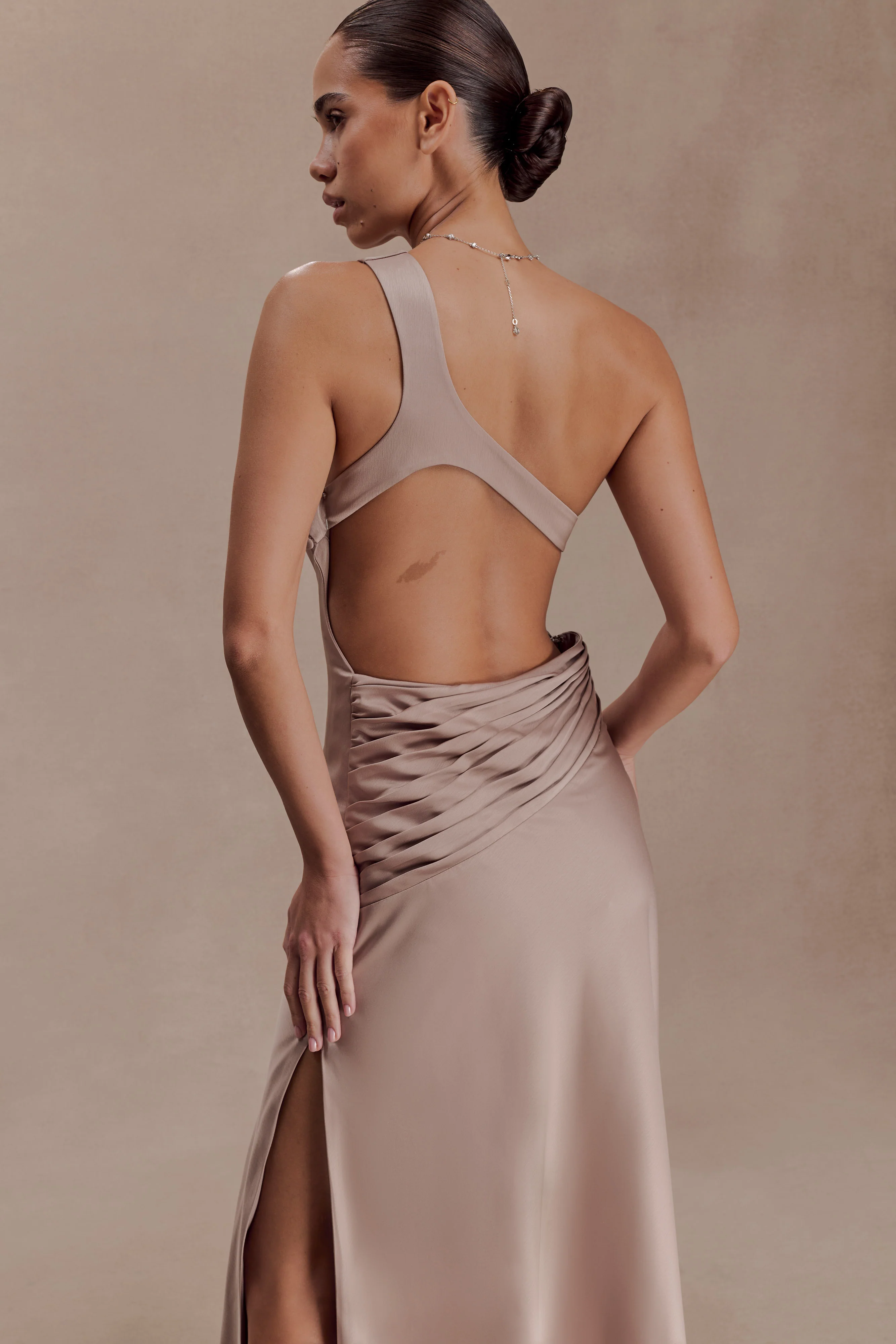 Lyla Asymmetrical Satin Maxi Dress - Bronze Taupe - Image 5