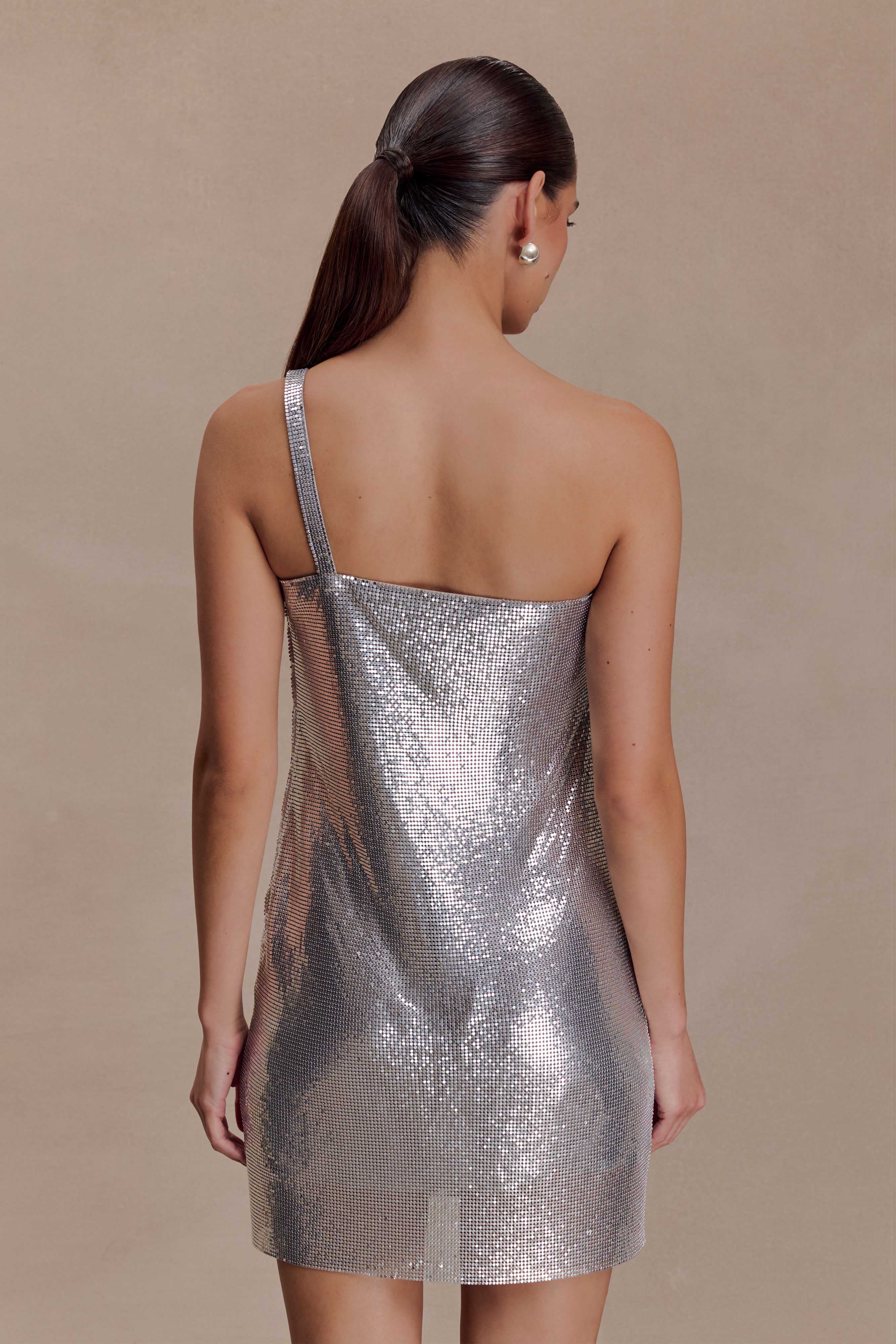 Lyle One Shoulder Glow Mesh Mini Dress - Silver - Image 6