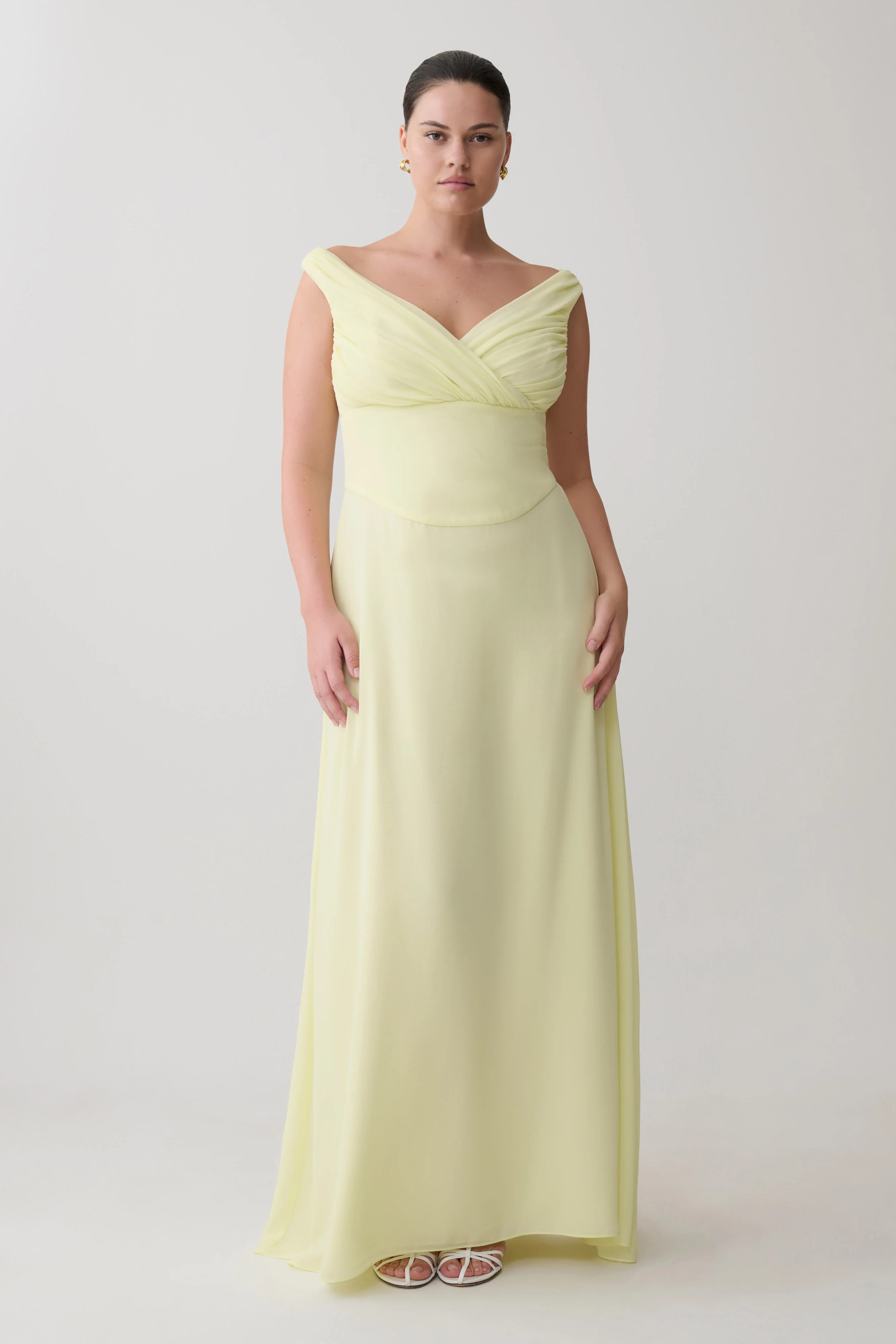 Mabel Off Shoulder Chiffon Maxi Dress - Lemon - Image 6
