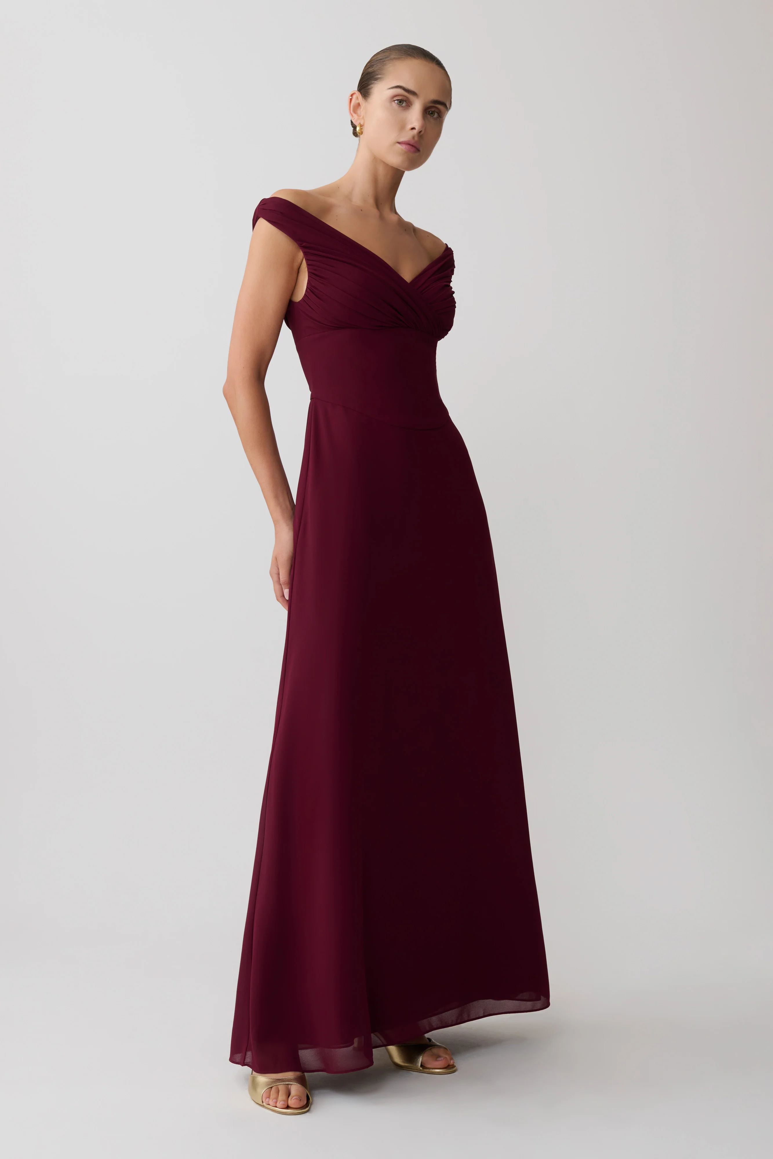 Mabel Off Shoulder Chiffon Maxi Dress - Merlot - Image 4