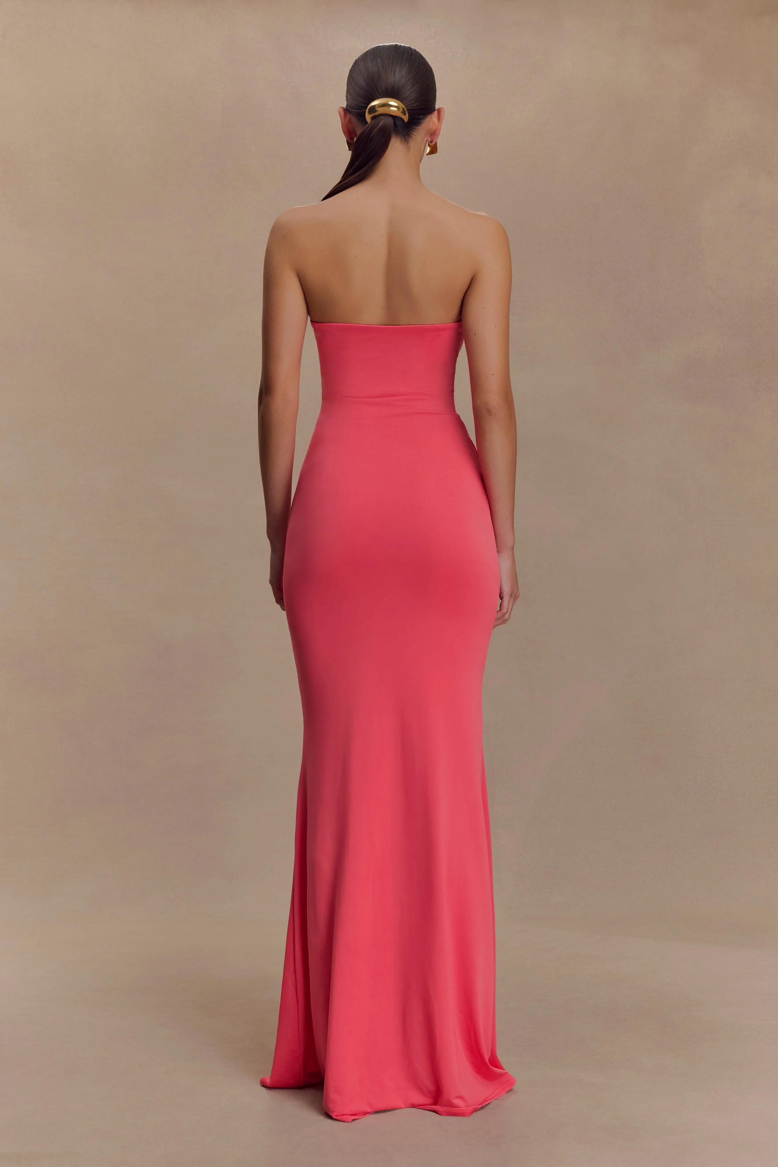 Madison Strapless Slinky Maxi Dress - Coral - Image 2