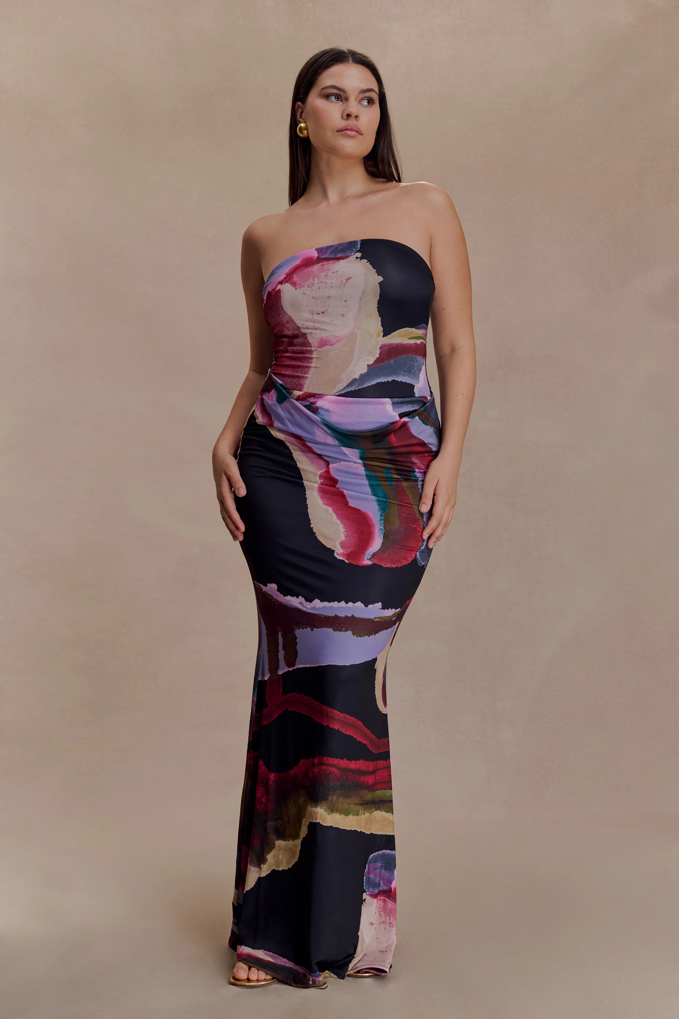 Madison Strapless Slinky Maxi Dress - Multi Fluid Reverie Print - Image 9
