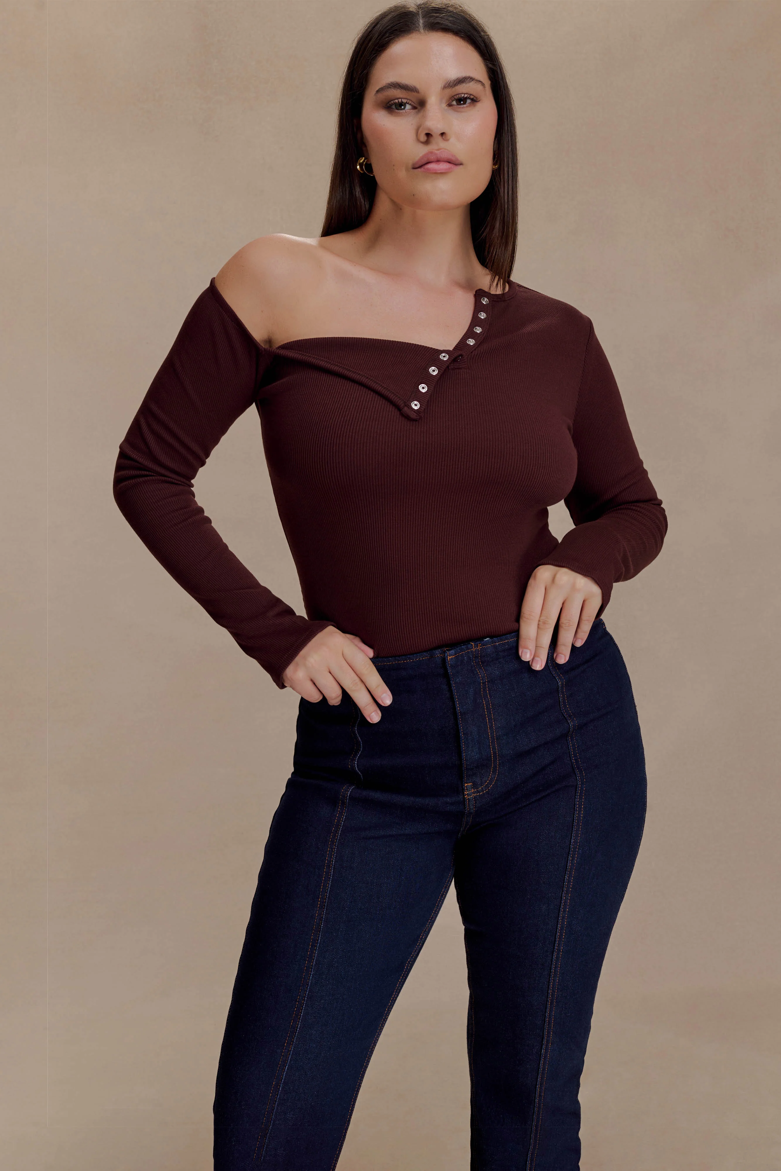 Maelle Off Shoulder Long Sleeve Top - Deep Chocolate - Image 5