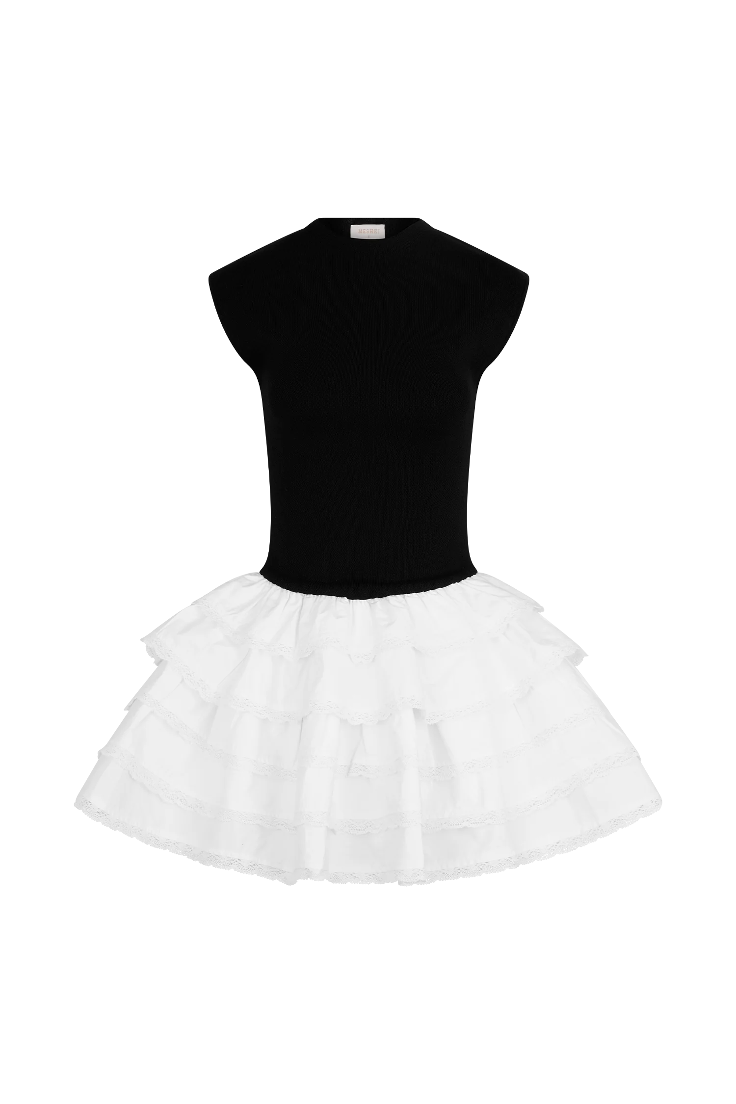Maeve Contrast Ruffle Knit Mini Dress - Black/White - Image 10