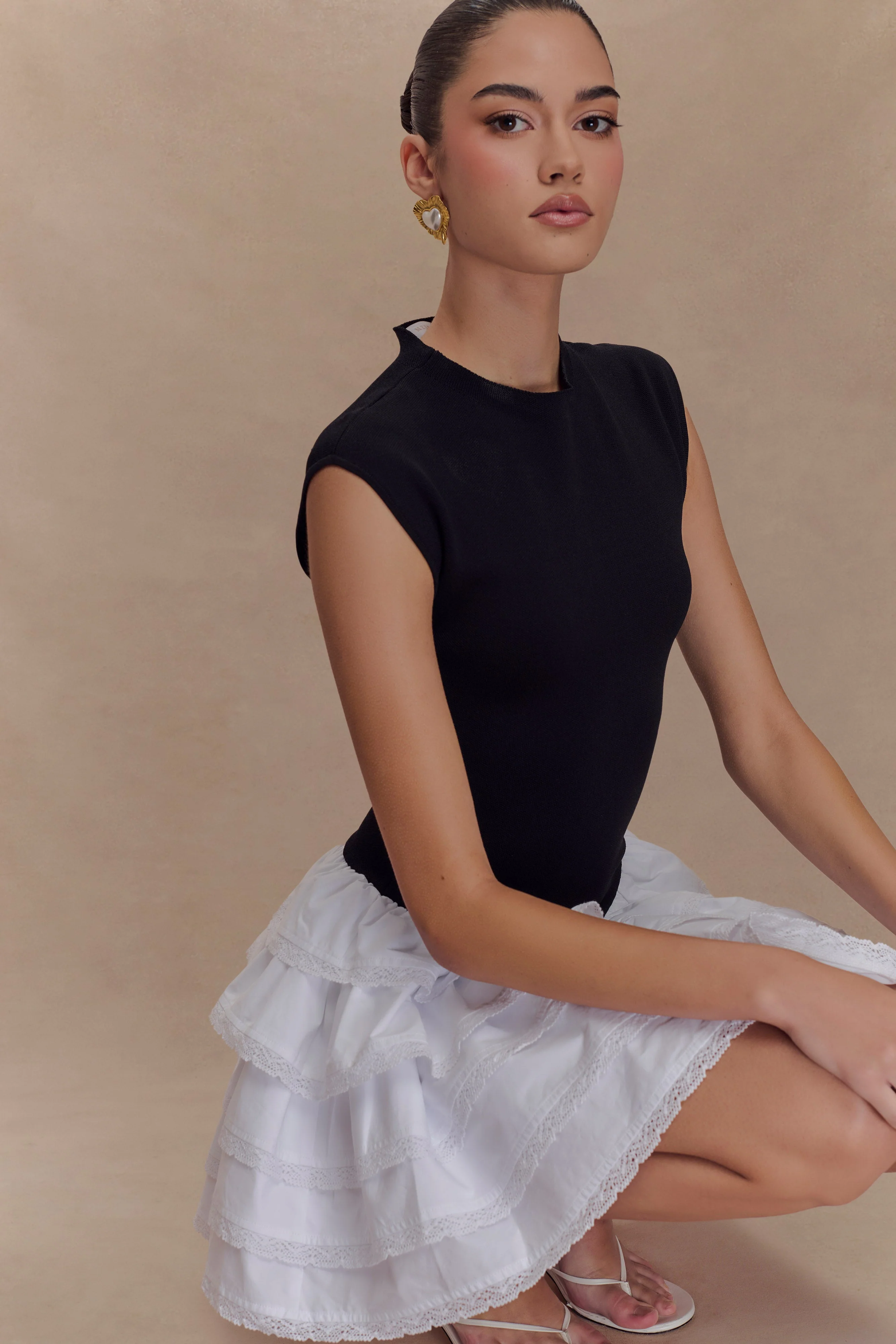 Maeve Contrast Ruffle Knit Mini Dress - Black/White - Image 4