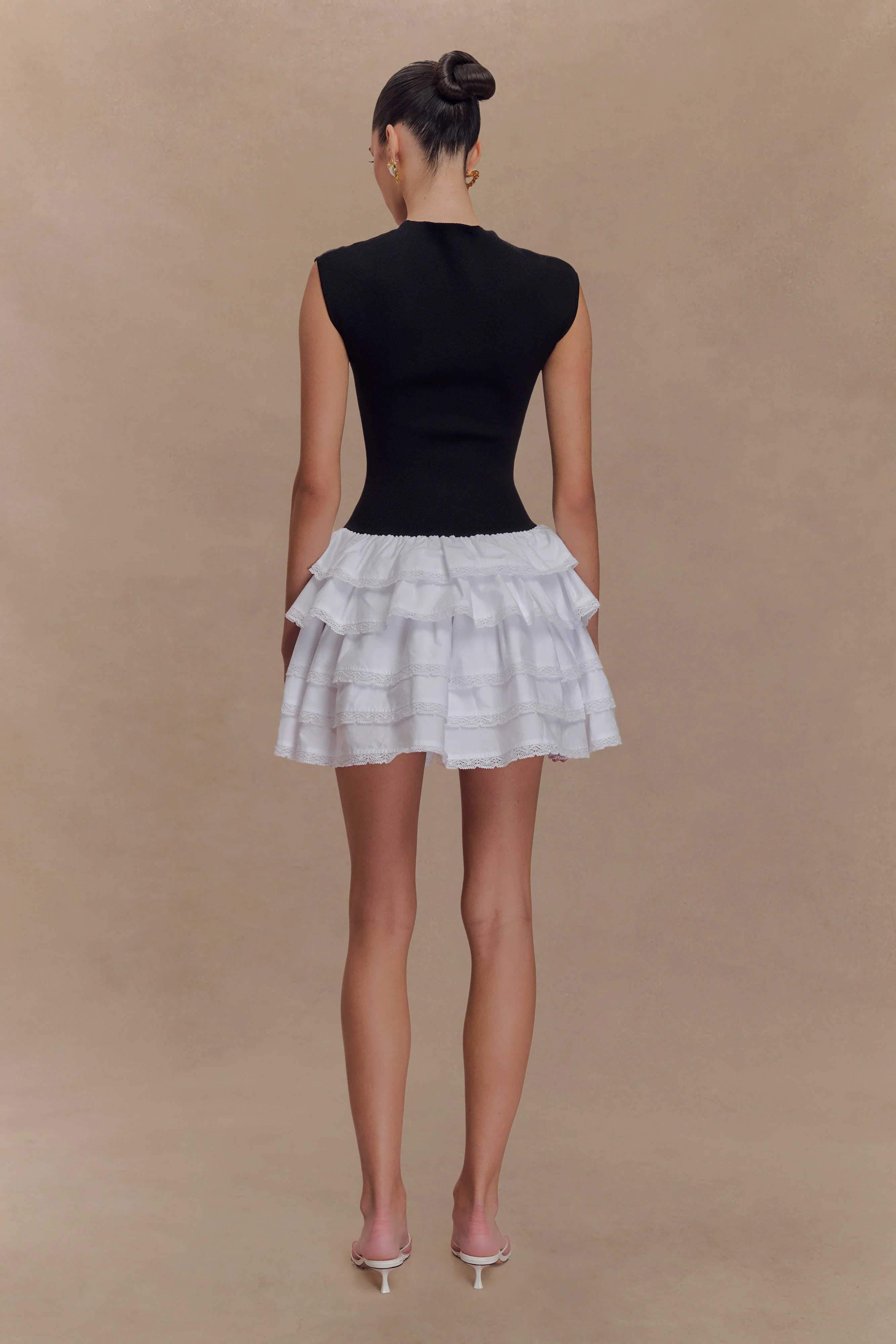 Maeve Contrast Ruffle Knit Mini Dress - Black/White - Image 5