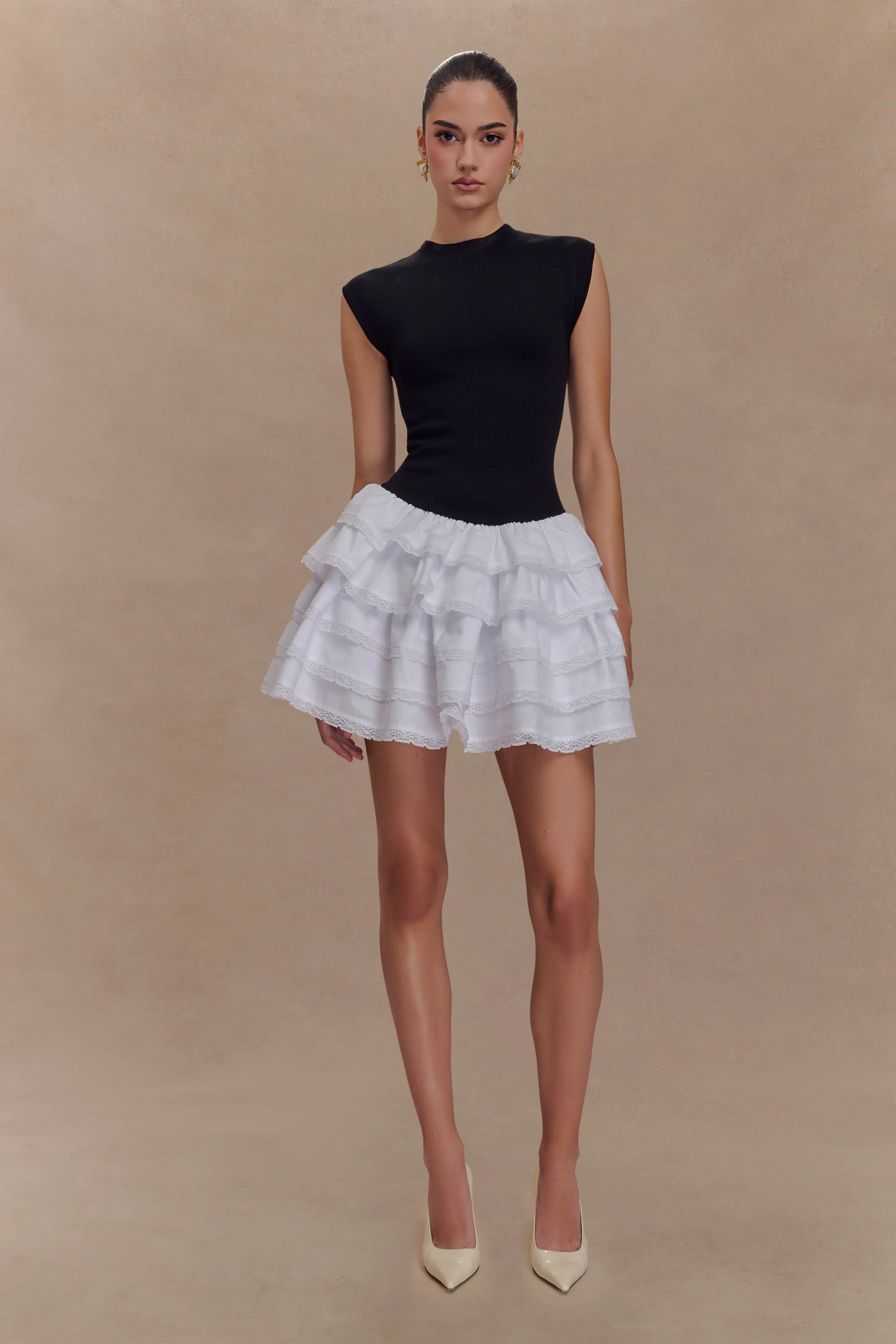 Maeve Contrast Ruffle Knit Mini Dress - Black/White - Image 7
