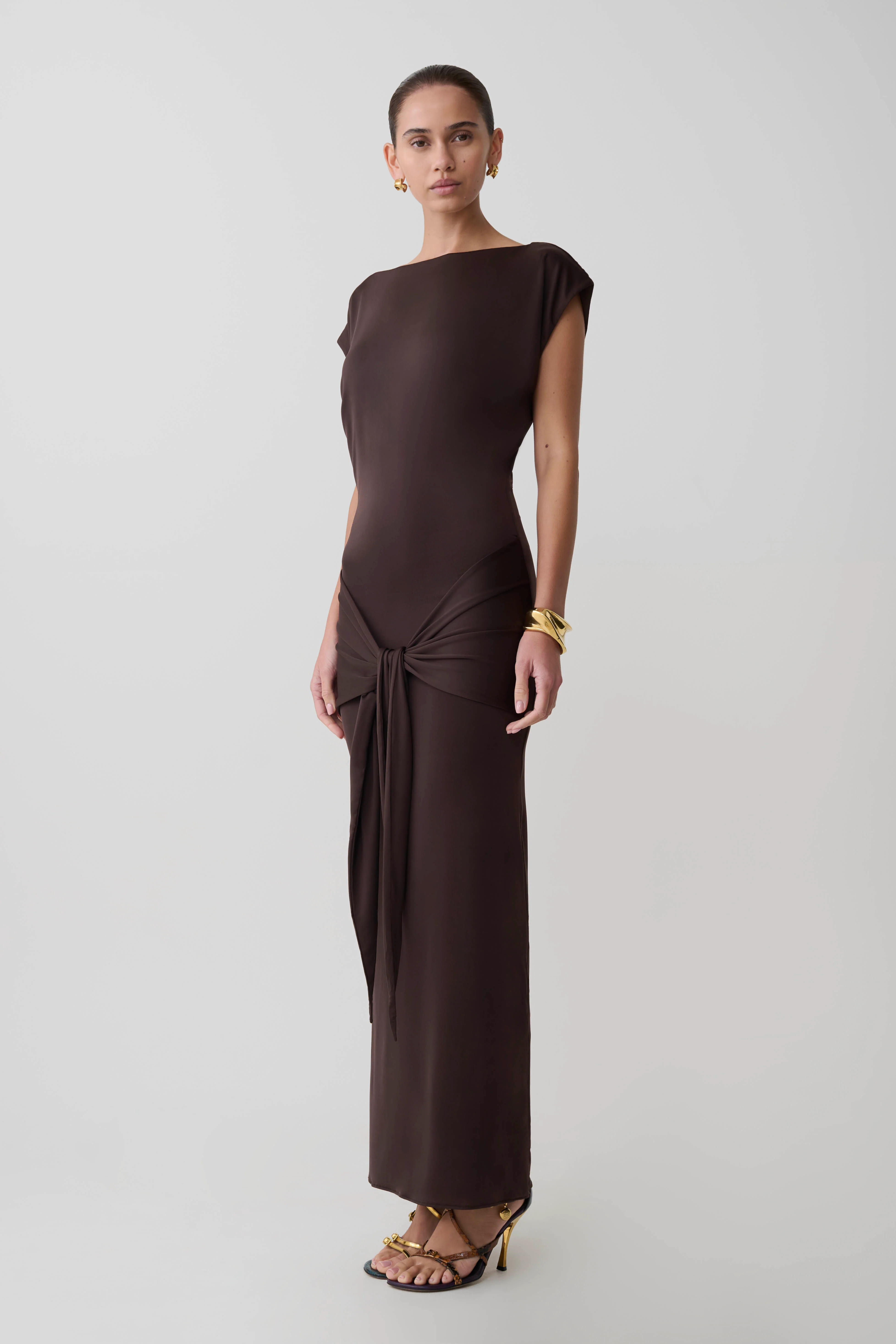 Maiara Shortsleeve Slinky Tie Maxi Dress - Chocolate - Image 3