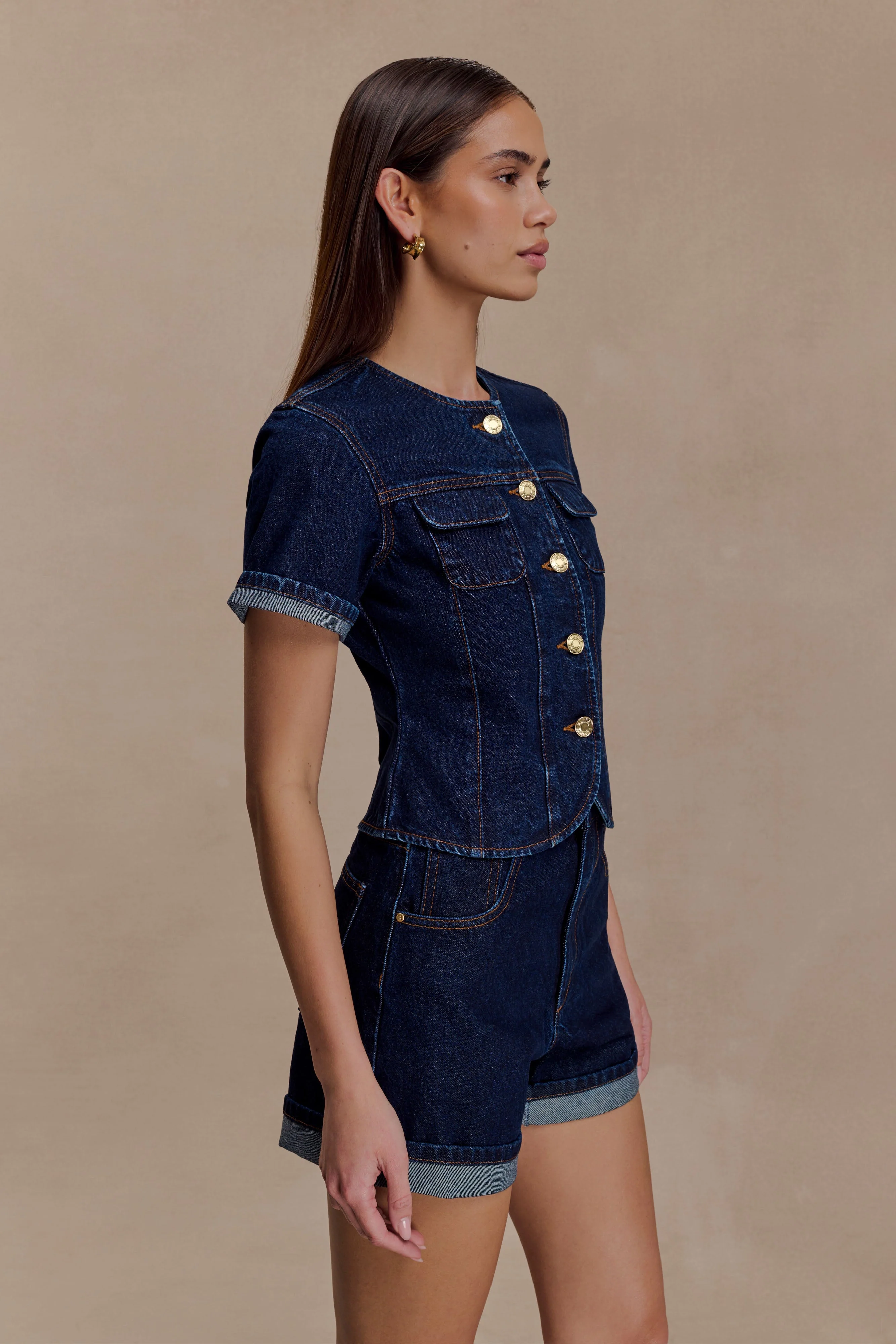 Marge Fitted Denim Short Sleeve Top - Indigo Blue - Image 5