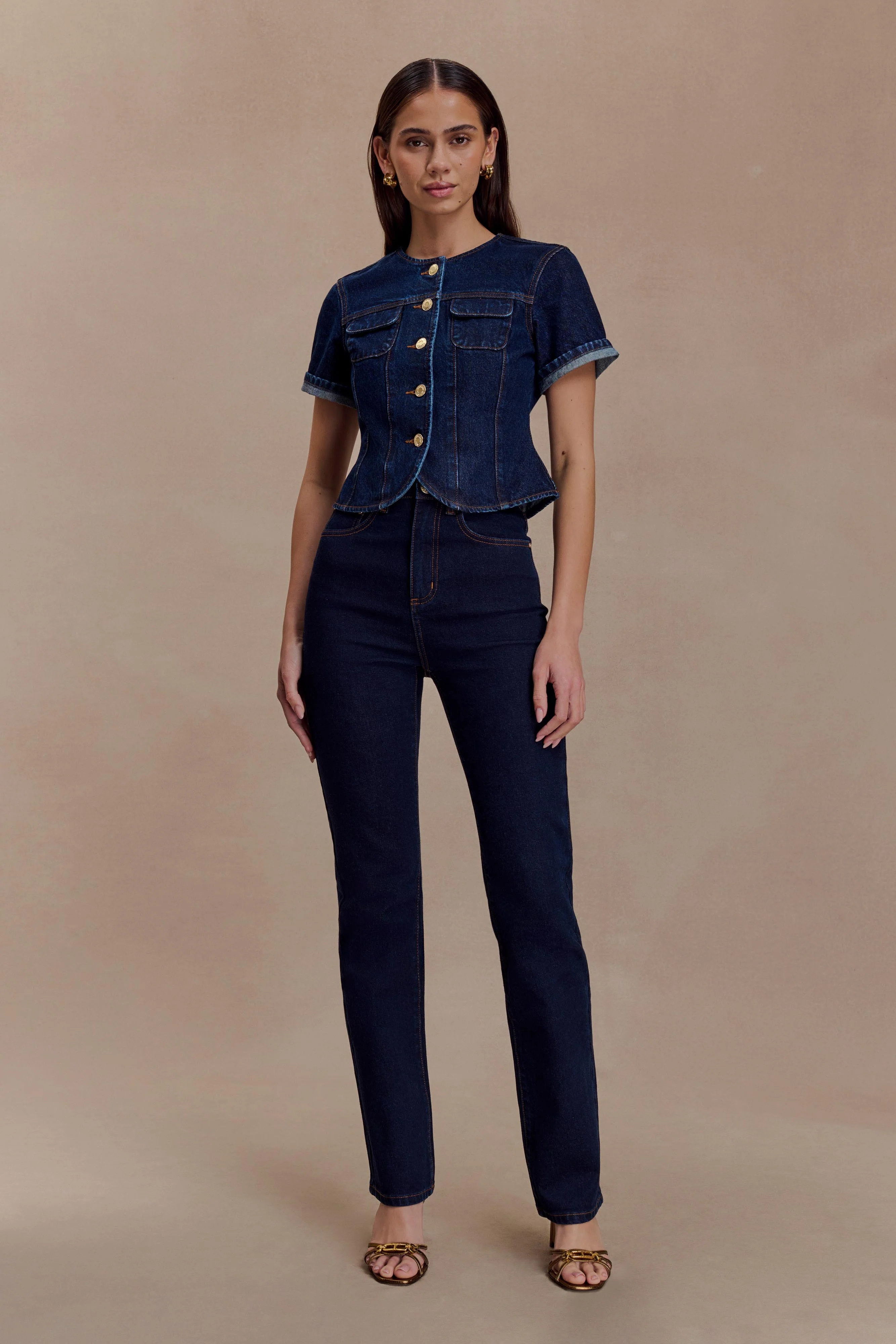 Marge Fitted Denim Short Sleeve Top - Indigo Blue - Image 9