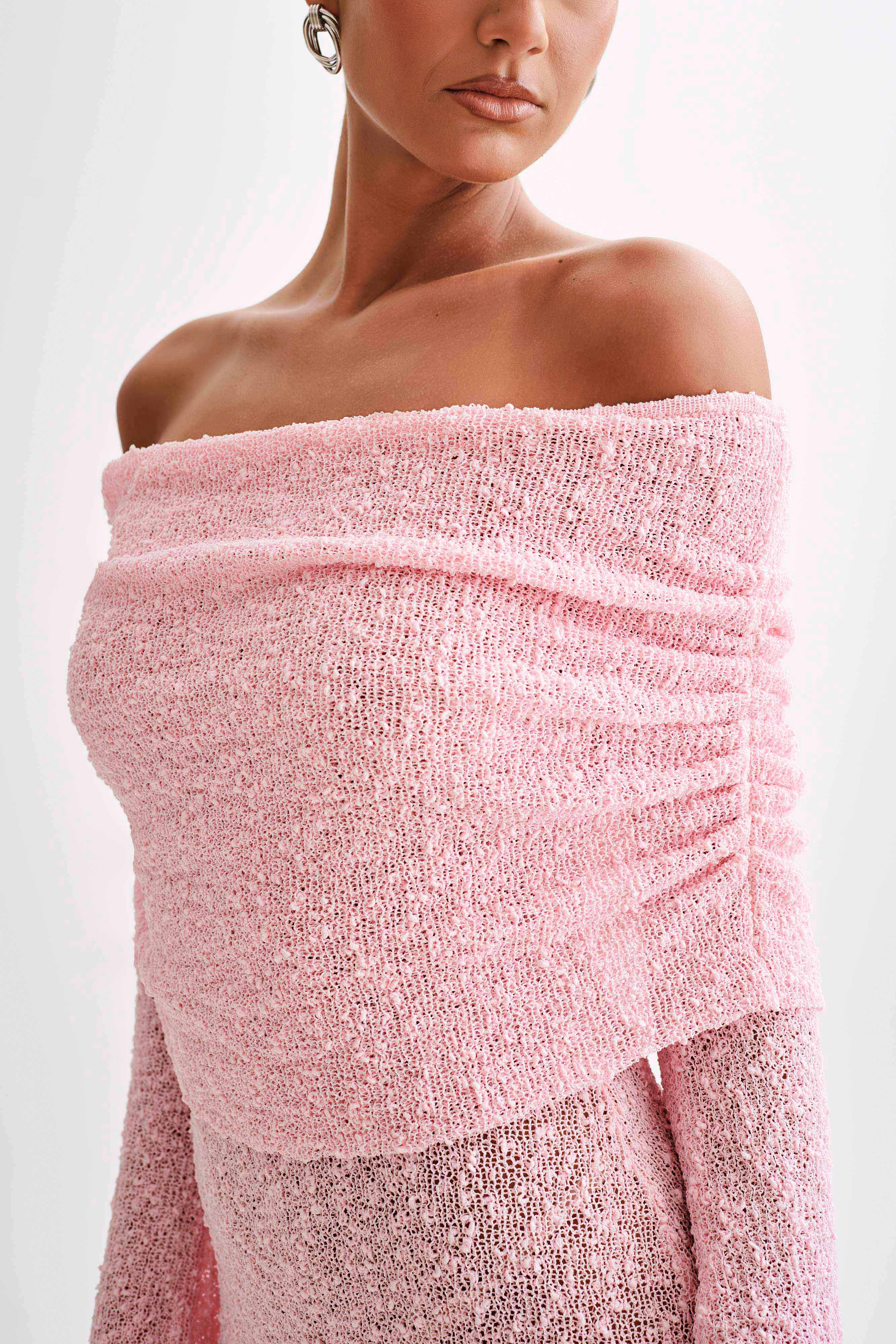 Marisol Off Shoulder Boucle Mini Dress - Baby Pink - Image 2