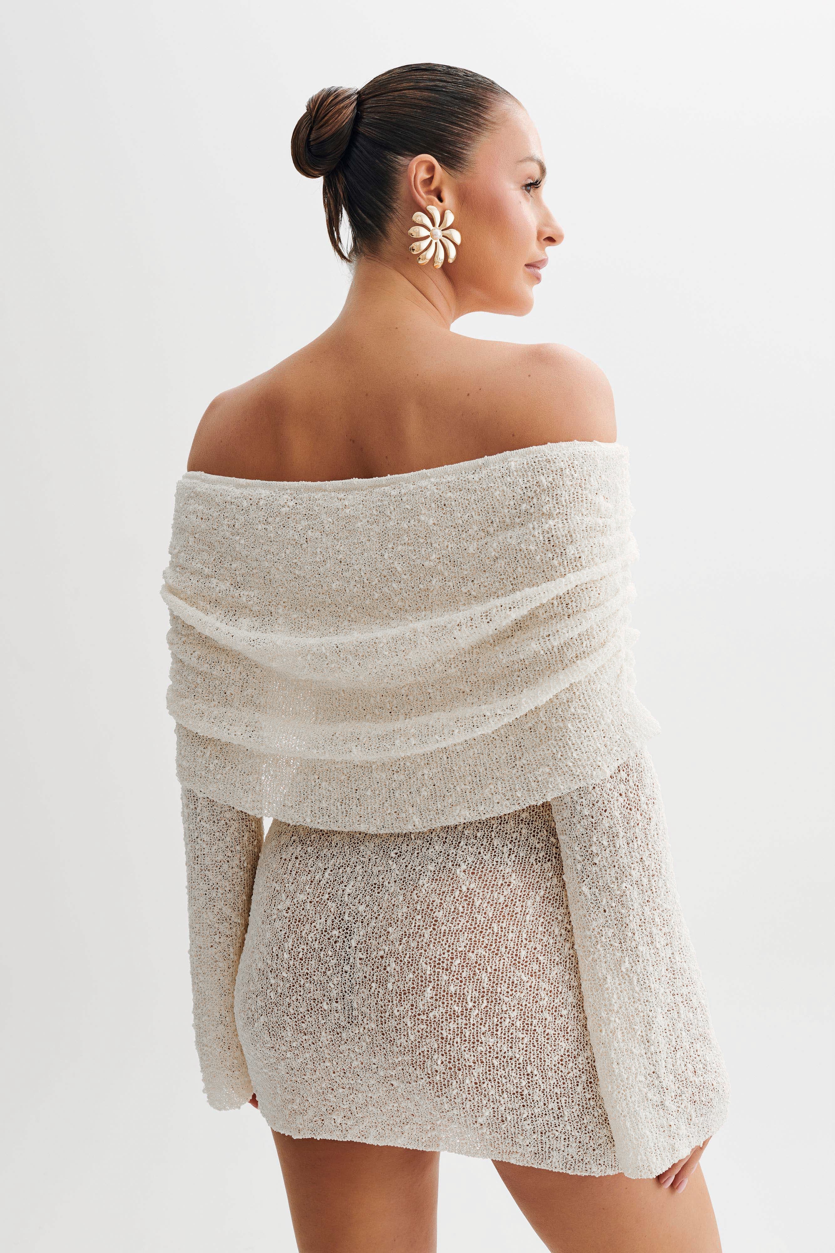 Marisol Off Shoulder Boucle Mini Dress - Ivory - Image 2