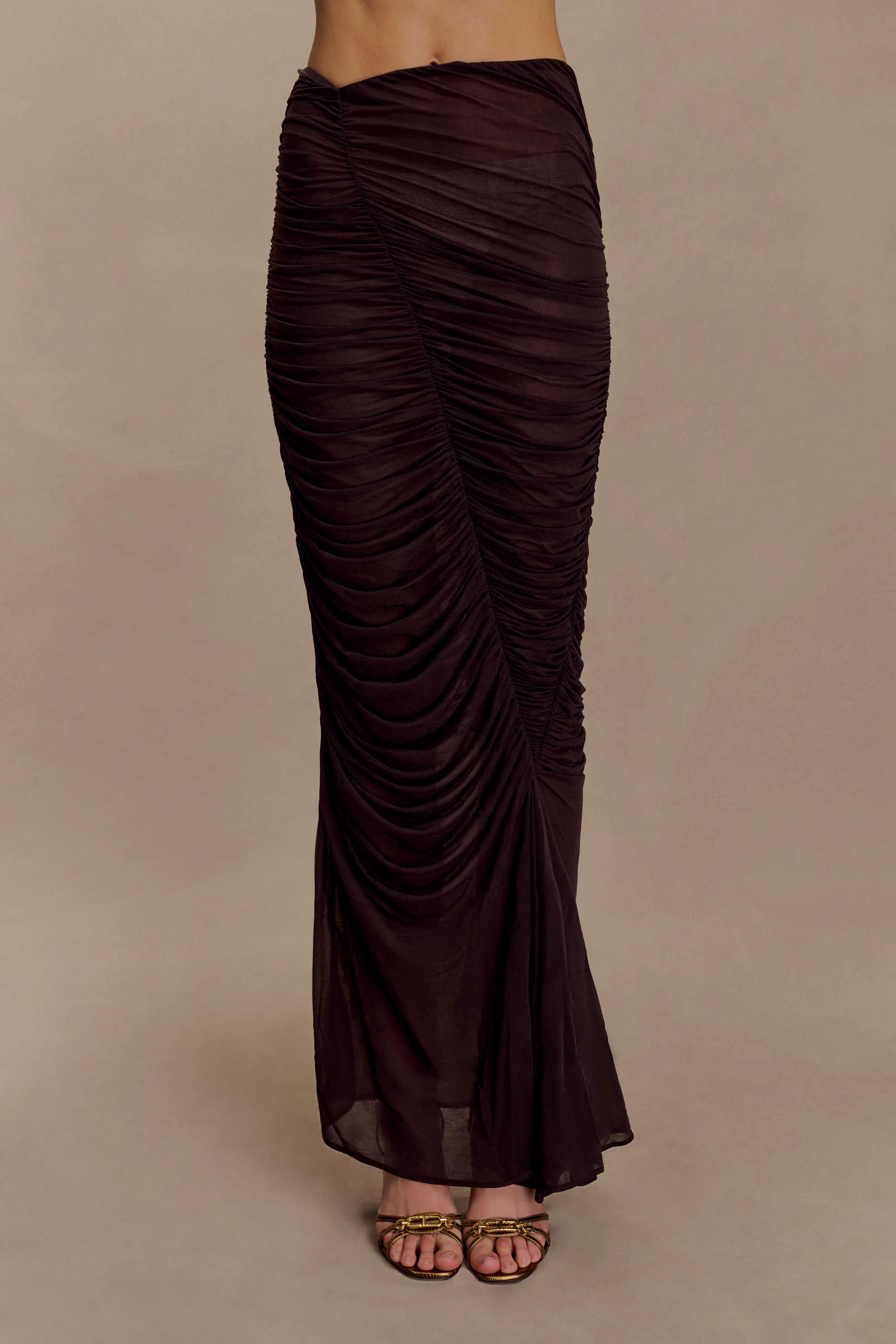 Matilda Ruched Mesh Maxi Skirt - Chocolate - Image 6