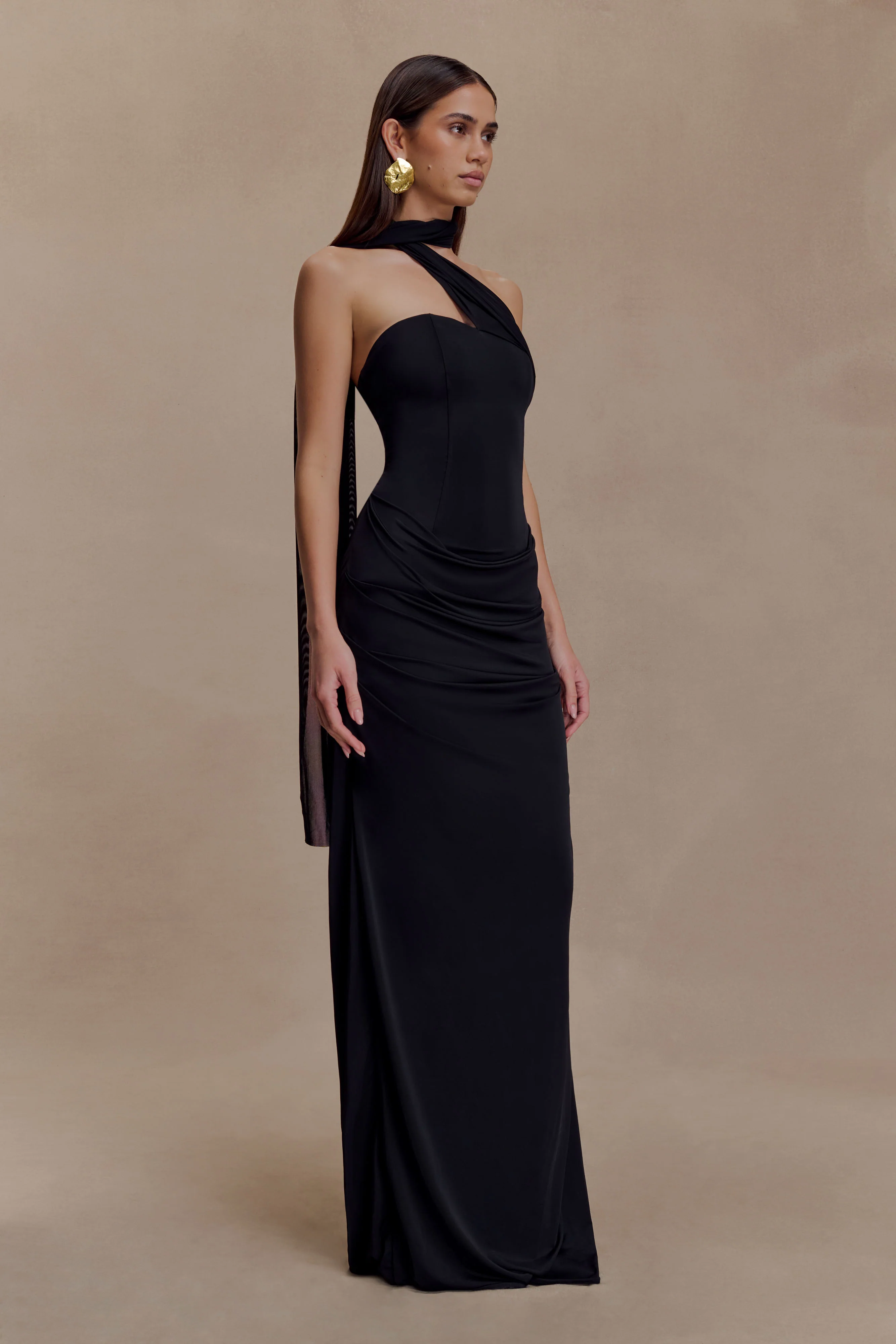 Mattea Slinky And Mesh Maxi Dress With Scarf - Black - Image 3